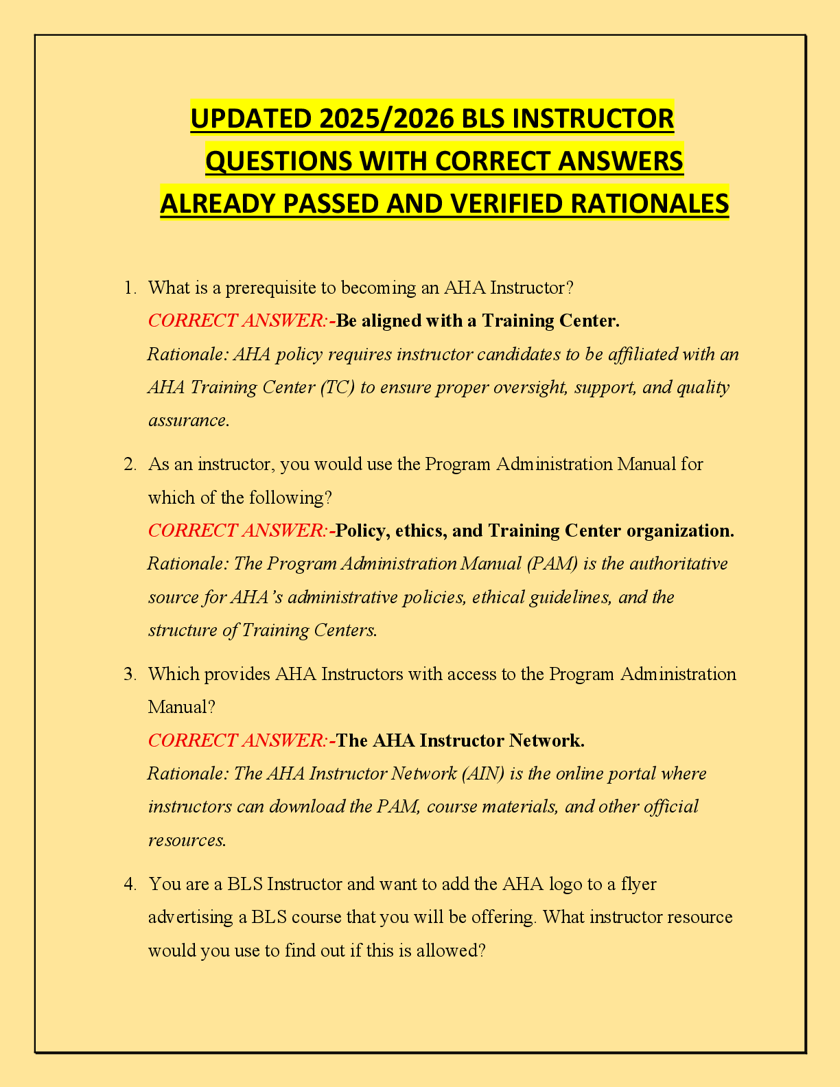 Recommended document preview for UPDATED 2025/2026 BLS INSTRUCTOR  QUESTIONS WITH CORRECT ANSWERS  ALREADY PASSED AND VERIFIED RATIONALES
