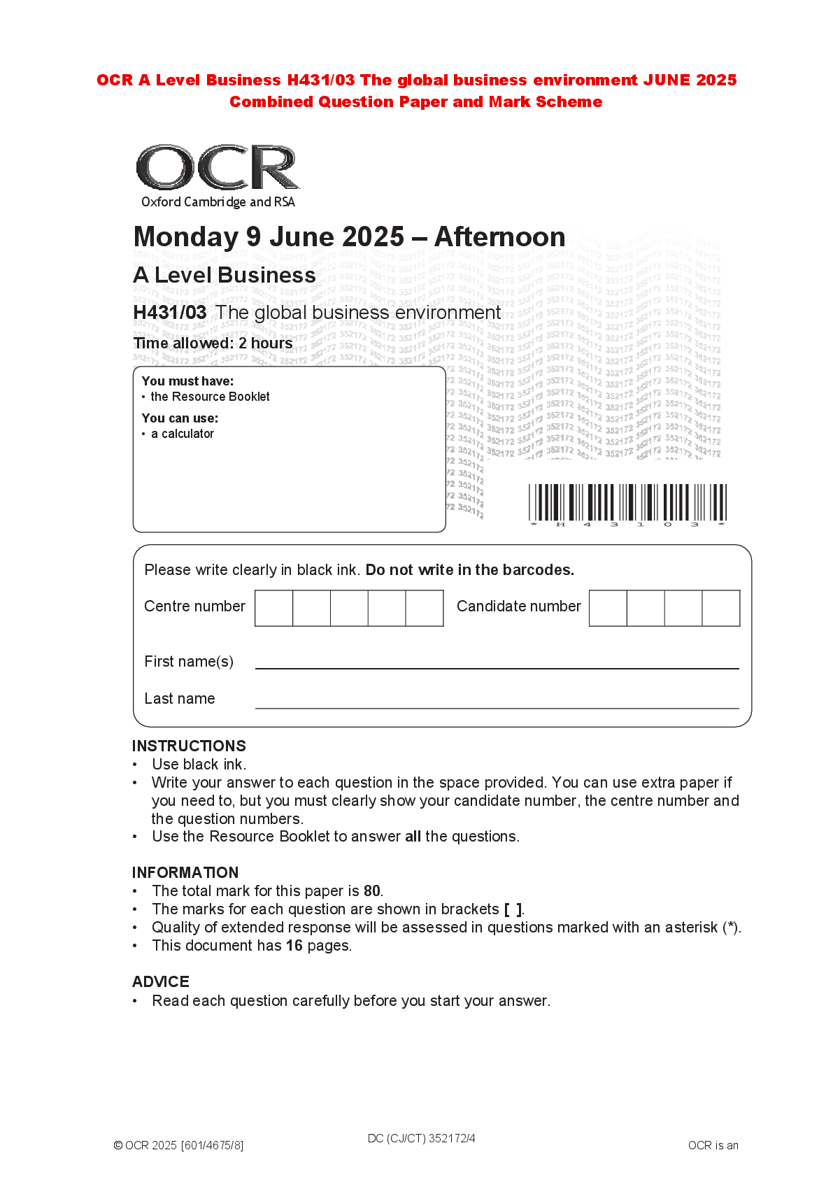 Preview of OCR A Level Business H431/03 The global business environment JUNE 2025 Combined Question P