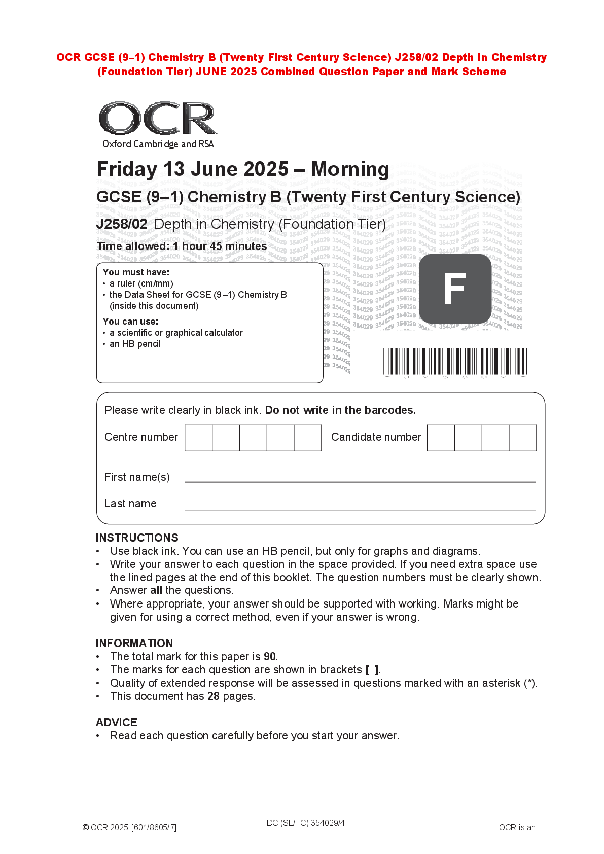 Preview of OCR GCSE (9–1) Chemistry B (Twenty First Century Science) J258/02 Depth in Chemistry (Foun