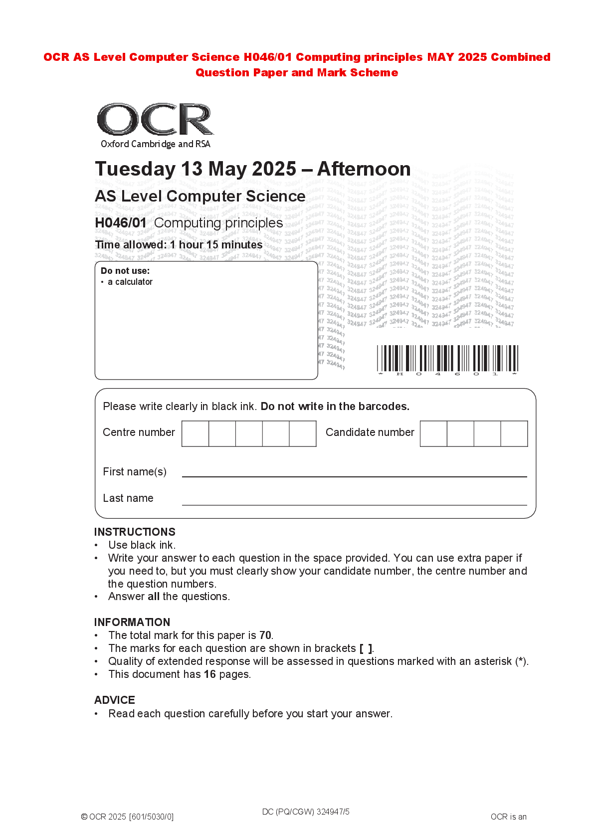 Recommended document preview for OCR AS Level Computer Science H046/01 Computing principles MAY 2025 Combined Question Paper and Mark Scheme