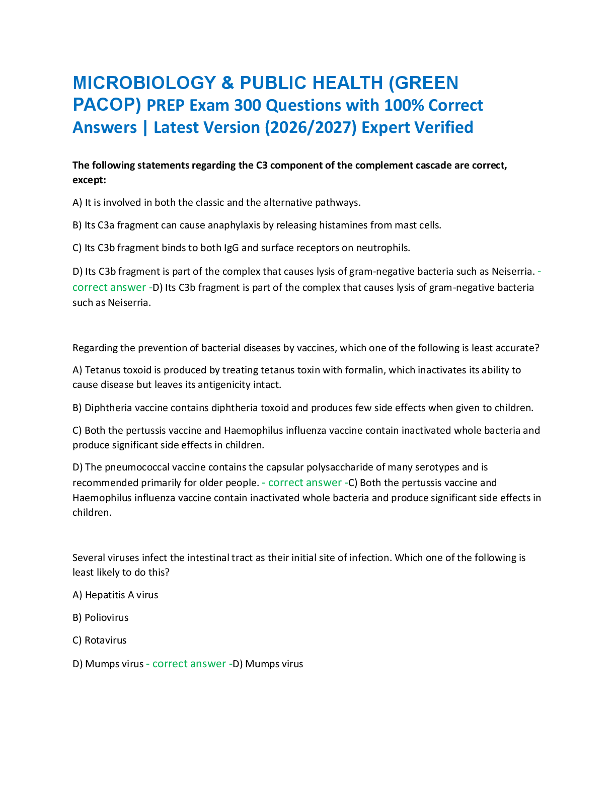 Recommended document preview for MICROBIOLOGY & PUBLIC HEALTH (GREEN  PACOP) PREP Exam 300 Questions with 100% Correct  Answers | Latest Version (2026/2027) Expert Verified