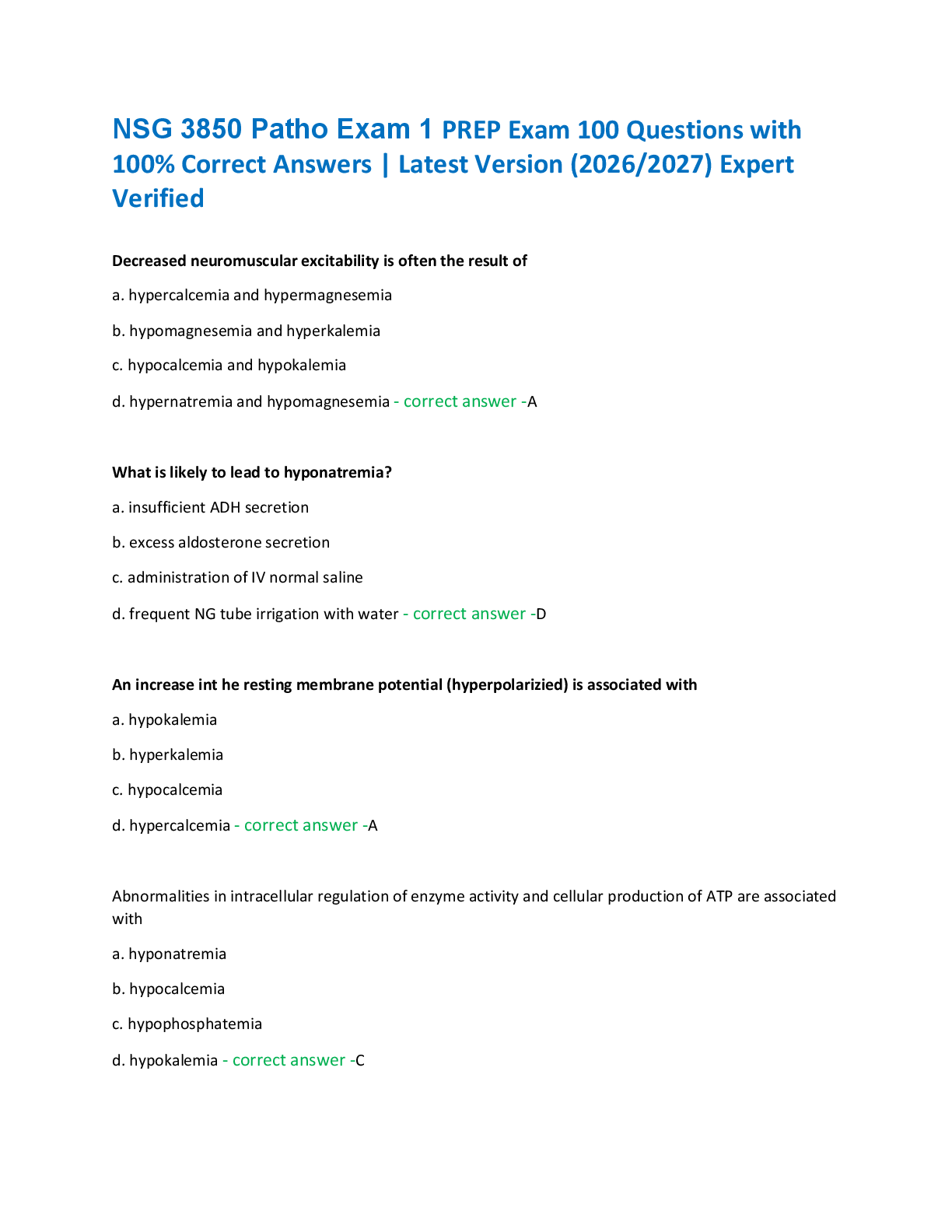 NSG 3850 Patho Exam 1 PREP Exam 100 Questions with  100% Correct Answers | Latest Version (2026/2027) Expert  Verified