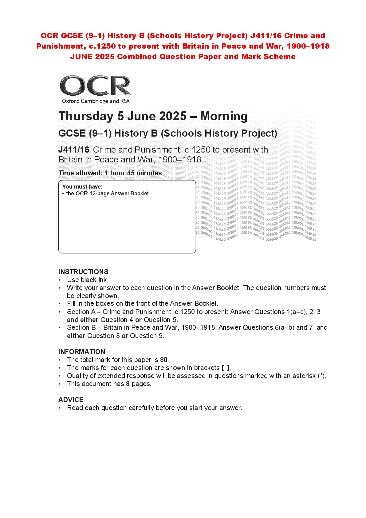 Recommended document preview for OCR GCSE (9–1) History B (Schools History Project) J411/16 Crime and Punishment, c.1250 to present with Britain in Peace and War, 1900–1918 JUNE 2025 Combined Question Paper and Mark Scheme