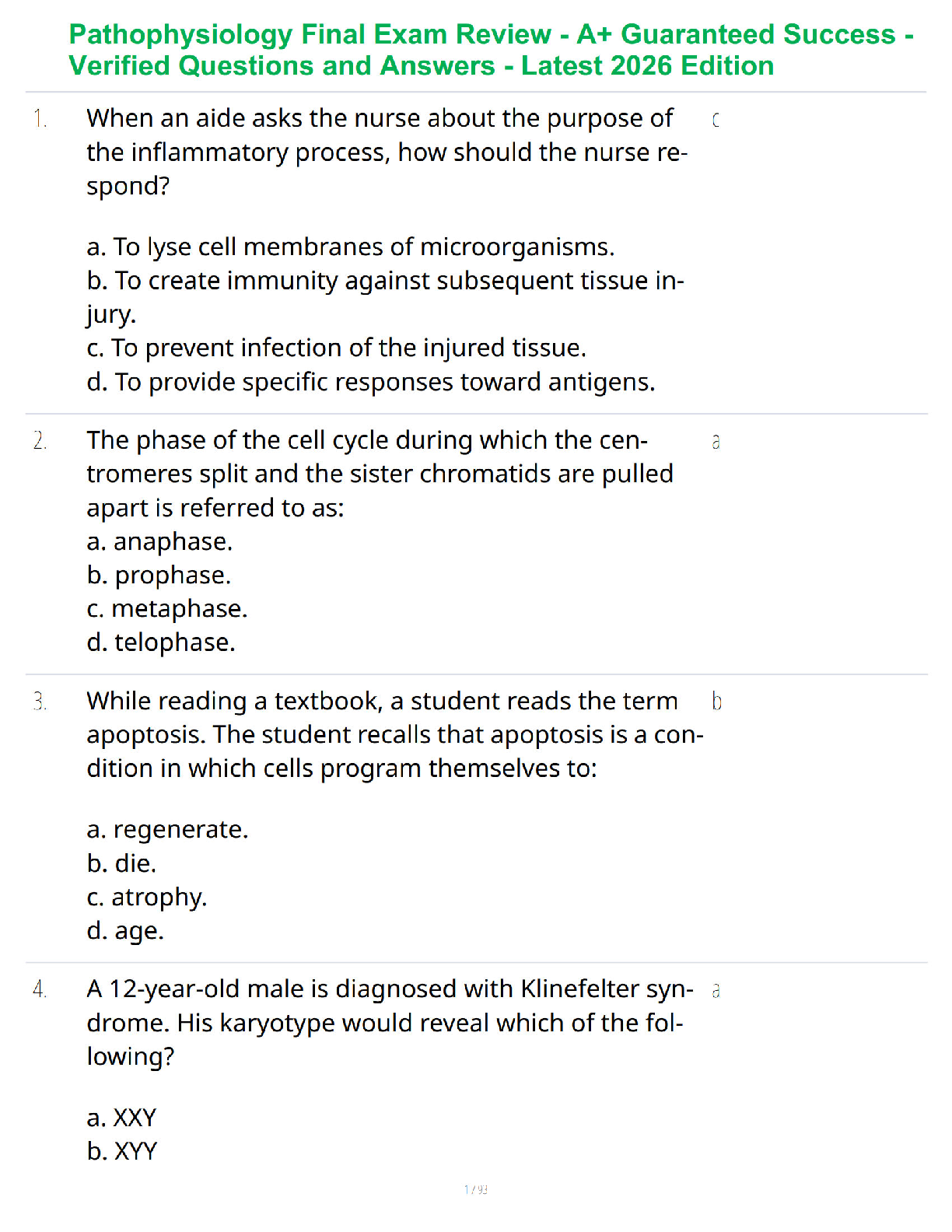 Recommended document preview for Pathophysiology Final Exam Review - A+ Guaranteed Success - Verified Questions and Answers - Latest 2026 Edition