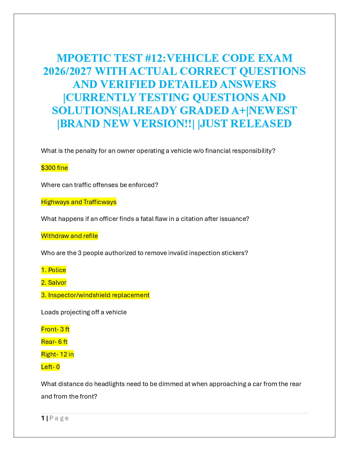 Recommended document preview for MPOETIC TEST #12:VEHICLE CODE EXAM  2026/2027