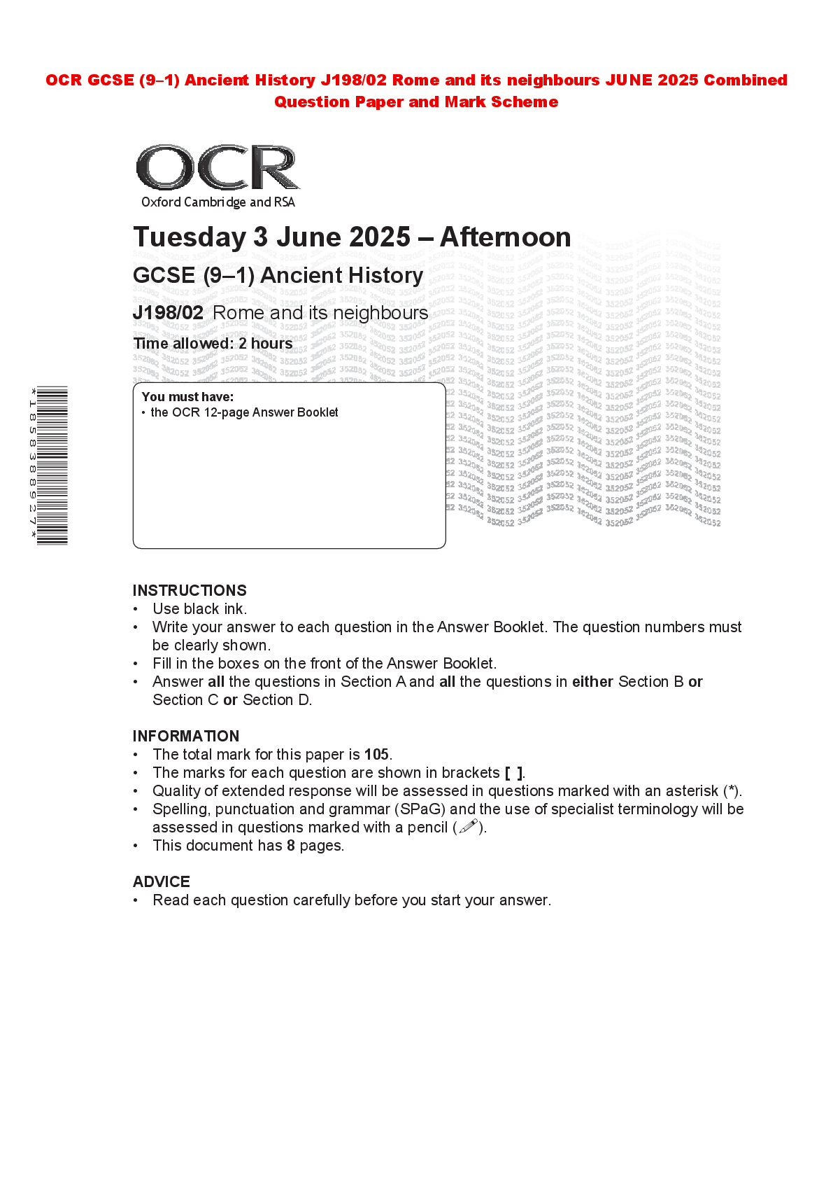 Recommended document preview for OCR GCSE (9–1) Ancient History J198/02 Rome and its neighbours JUNE 2025 Combined Question Paper and Mark Scheme