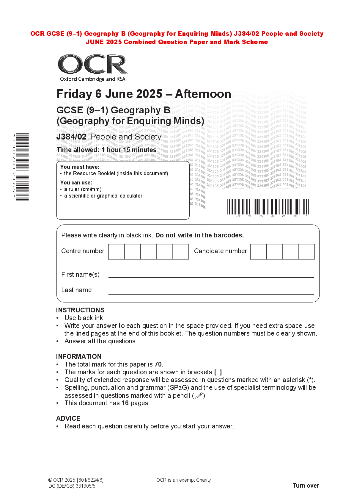 Recommended document preview for OCR GCSE (9–1) Geography B (Geography for Enquiring Minds) J384/02 People and Society JUNE 2025 Combined Question Paper and Mark Scheme