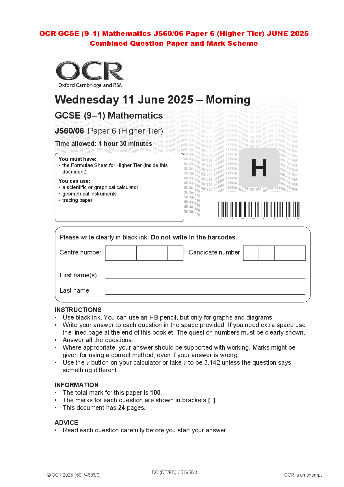 Recommended document preview for OCR GCSE (9–1) Mathematics J560/06 Paper 6 (Higher Tier) JUNE 2025 Combined Question Paper and Mark Scheme