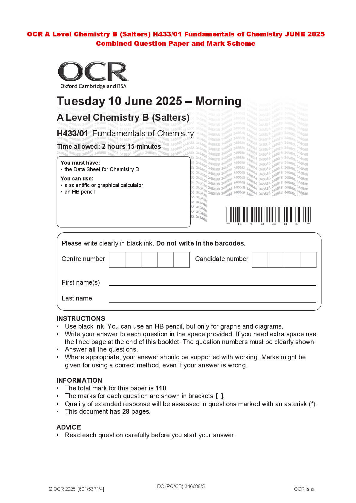 Preview of OCR A Level Chemistry B (Salters) H433/01 Fundamentals of Chemistry JUNE 2025 Combined Que