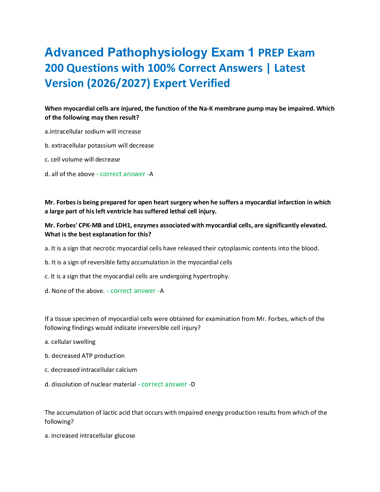 Recommended document preview for Advanced Pathophysiology Exam 1 PREP Exam  200 Questions with 100% Correct Answers | Latest  Version (2026/2027) Expert Verified