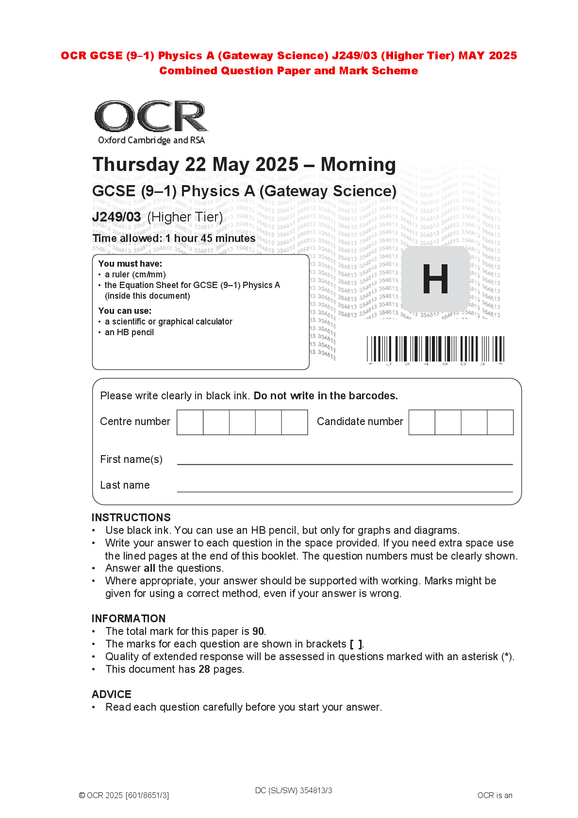 Recommended document preview for OCR GCSE (9–1) Physics A (Gateway Science) J249/03 (Higher Tier) MAY 2025 Combined Question Paper and Mark Scheme