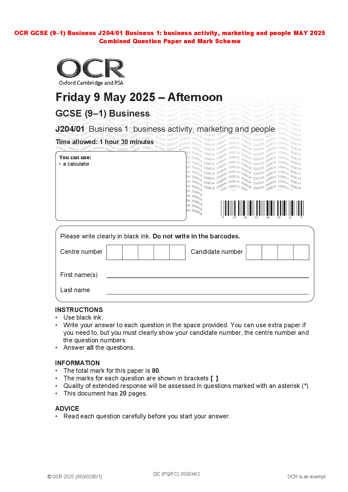 Preview of OCR GCSE (9–1) Business J204/01 Business 1: business activity, marketing and people MAY 20