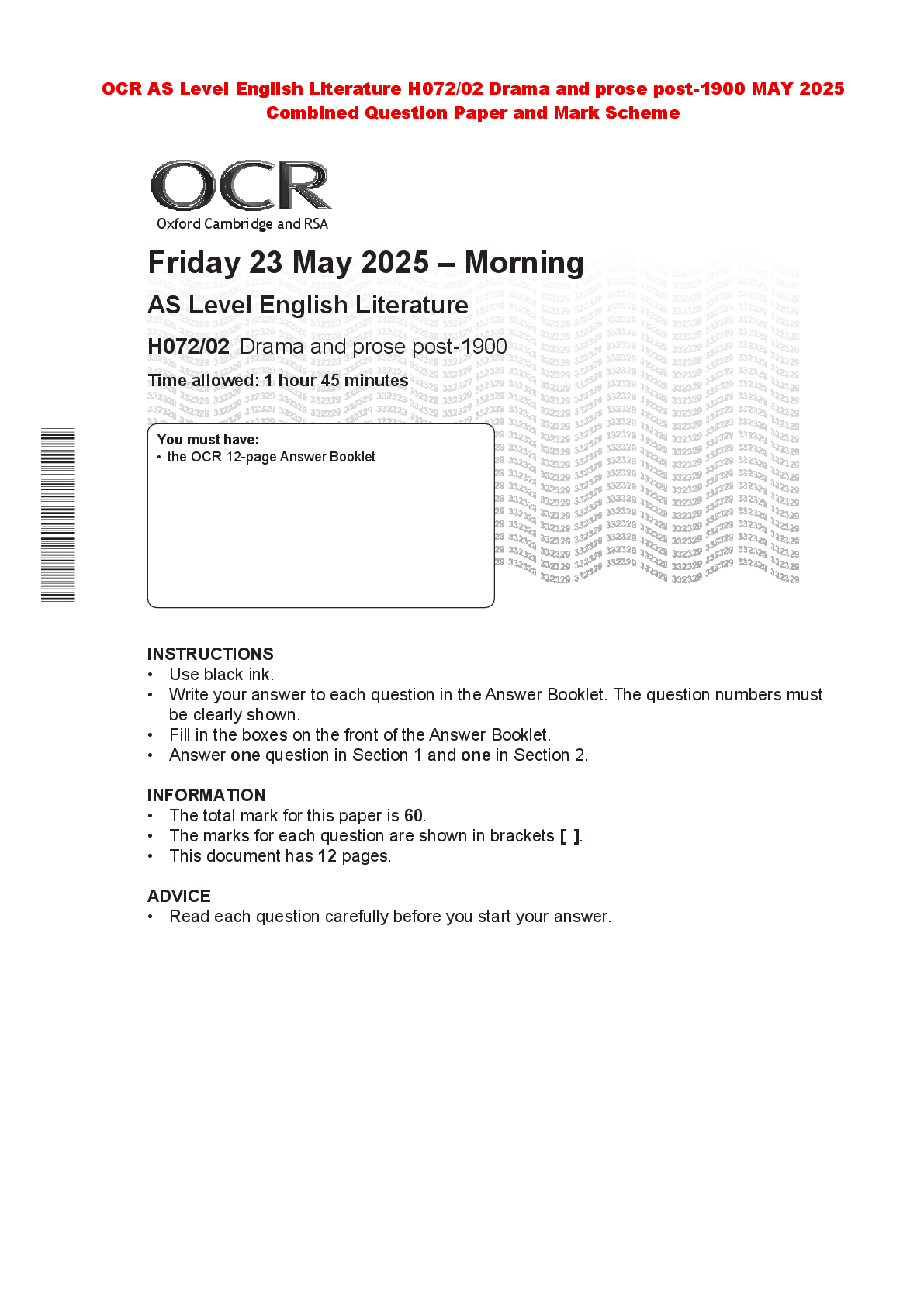 Recommended document preview for OCR AS Level English Literature H072/02 Drama and prose post-1900 MAY 2025  Combined Question Paper and Mark Scheme