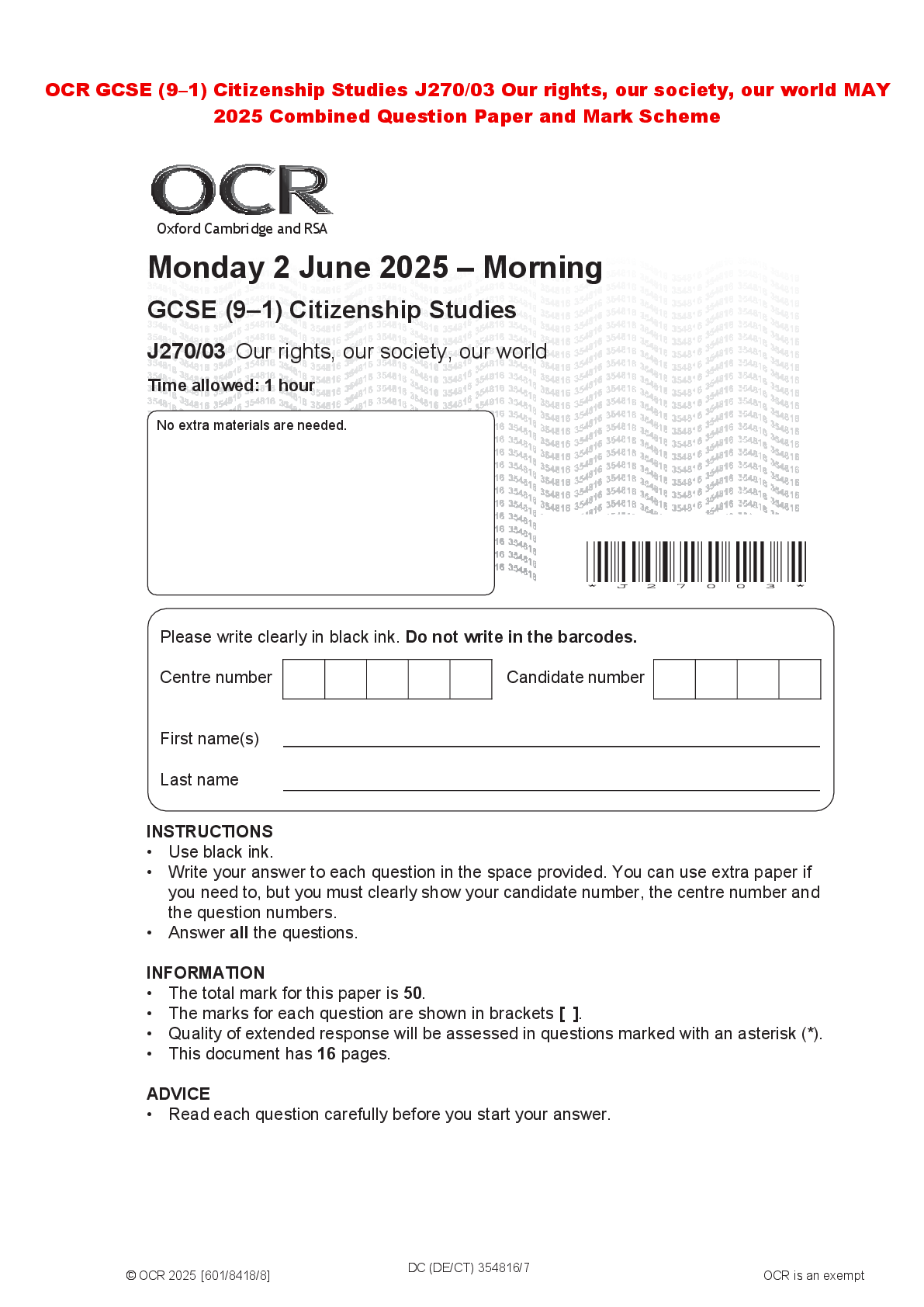 Recommended document preview for OCR GCSE (9–1) Citizenship Studies J270/03 Our rights, our society, our world MAY 2025 Combined Question Paper and Mark Scheme
