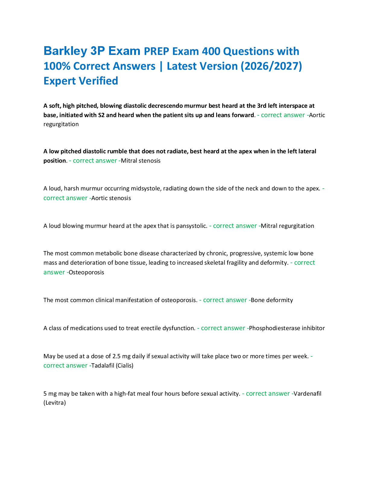 Recommended document preview for Barkley 3P Exam PREP Exam 400 Questions with  100% Correct Answers | Latest Version (2026/2027)  Expert Verified