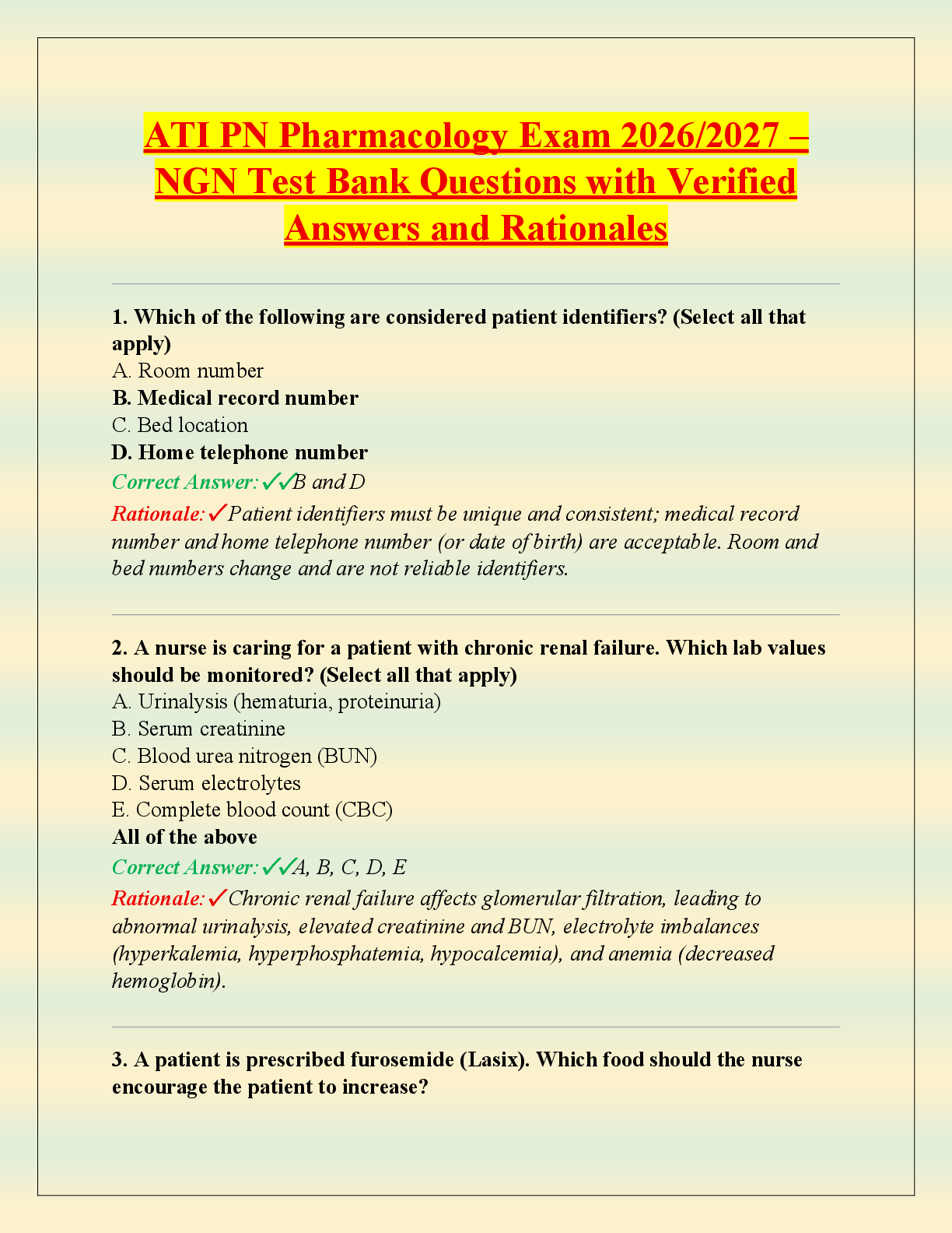 Recommended document preview for ATI PN Pharmacology Exam 2026/2027 –  NGN Test Bank Questions with Verified  Answers and Rationales