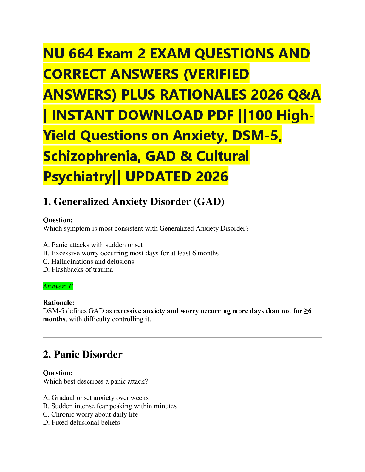 Recommended document preview for NU 664 Exam 2 EXAM QUESTIONS AND  CORRECT ANSWERS (VERIFIED  ANSWERS) PLUS RATIONALES 2026 Q&A  | INSTANT DOWNLOAD PDF ||100 High Yield Questions on Anxiety, DSM-5,  Schizophrenia, GAD & Cultural  Psychiatry|| UPDATED 2026