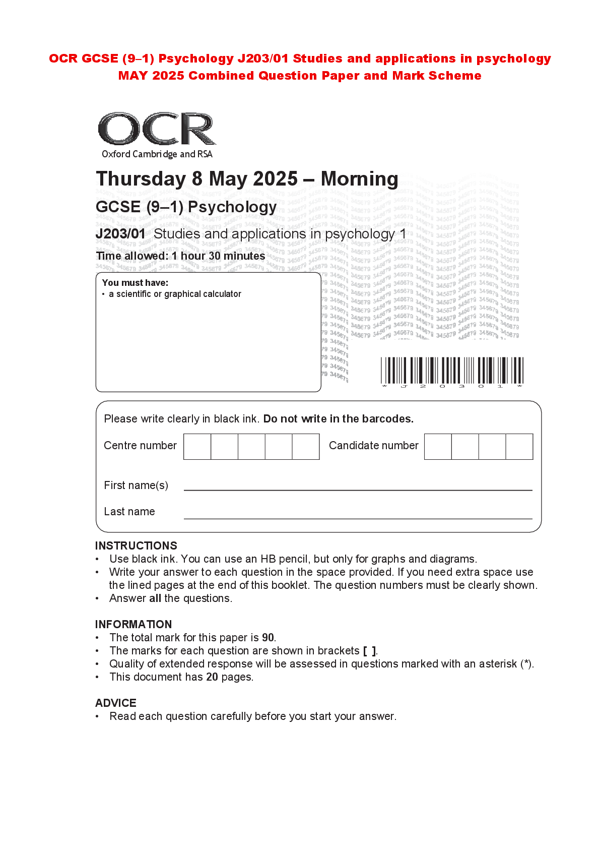 Recommended document preview for OCR GCSE (9–1) Psychology J203/01 Studies and applications in psychology MAY 2025 Combined Question Paper and Mark Scheme