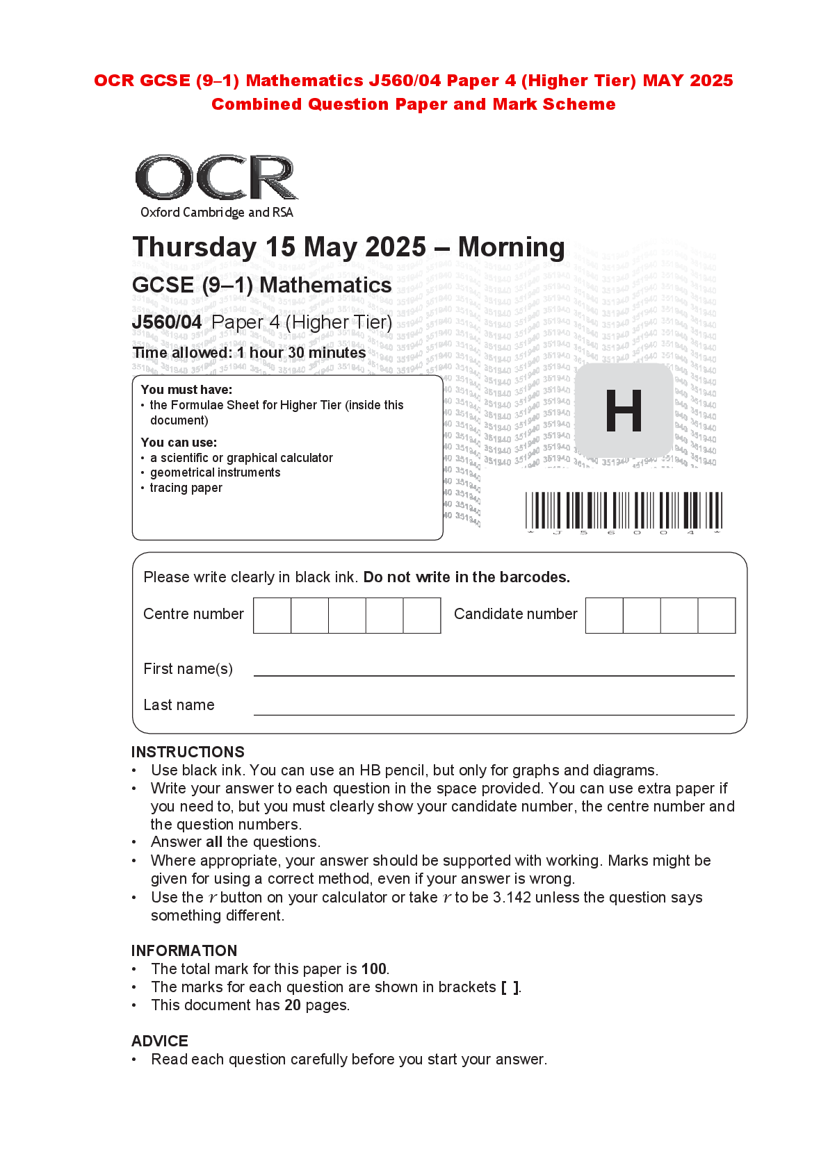Recommended document preview for OCR GCSE (9–1) Mathematics J560/04 Paper 4 (Higher Tier) MAY 2025 Combined Question Paper and Mark Scheme