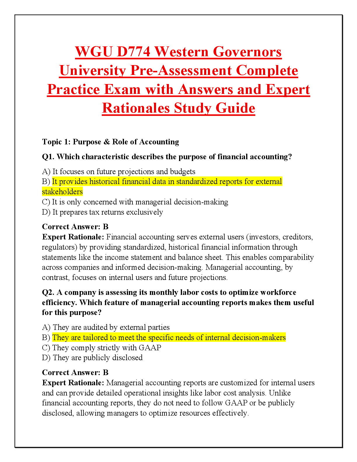 Recommended document preview for WGU D774 Western Governors University Pre-Assessment Complete Practice Exam with Answers and Expert Rationales Study Guide