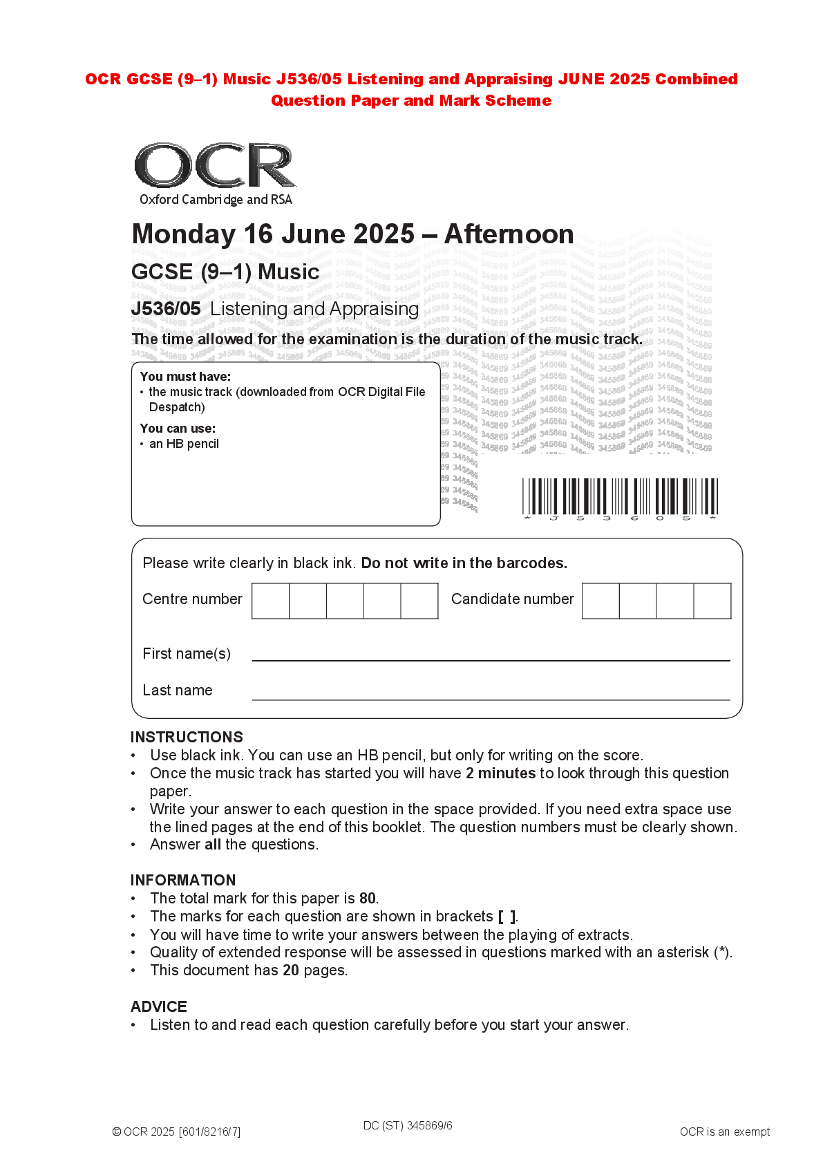 Recommended document preview for OCR GCSE (9–1) Music J536/05 Listening and Appraising JUNE 2025 Combined Question Paper and Mark Scheme