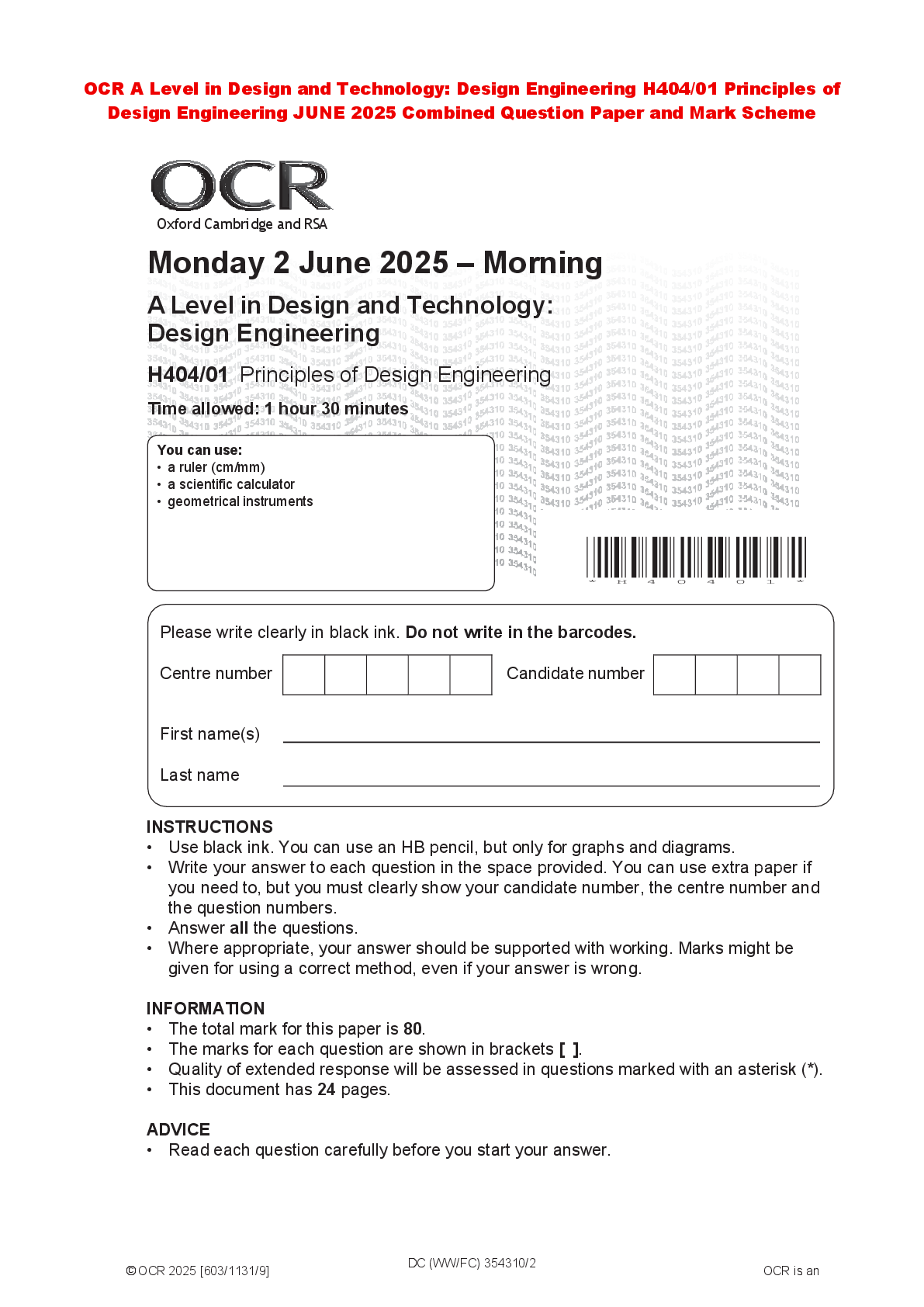 Recommended document preview for OCR A Level in Design and Technology: Design Engineering H404/01 Principles of  Design Engineering JUNE 2025 Combined Question Paper and Mark Scheme