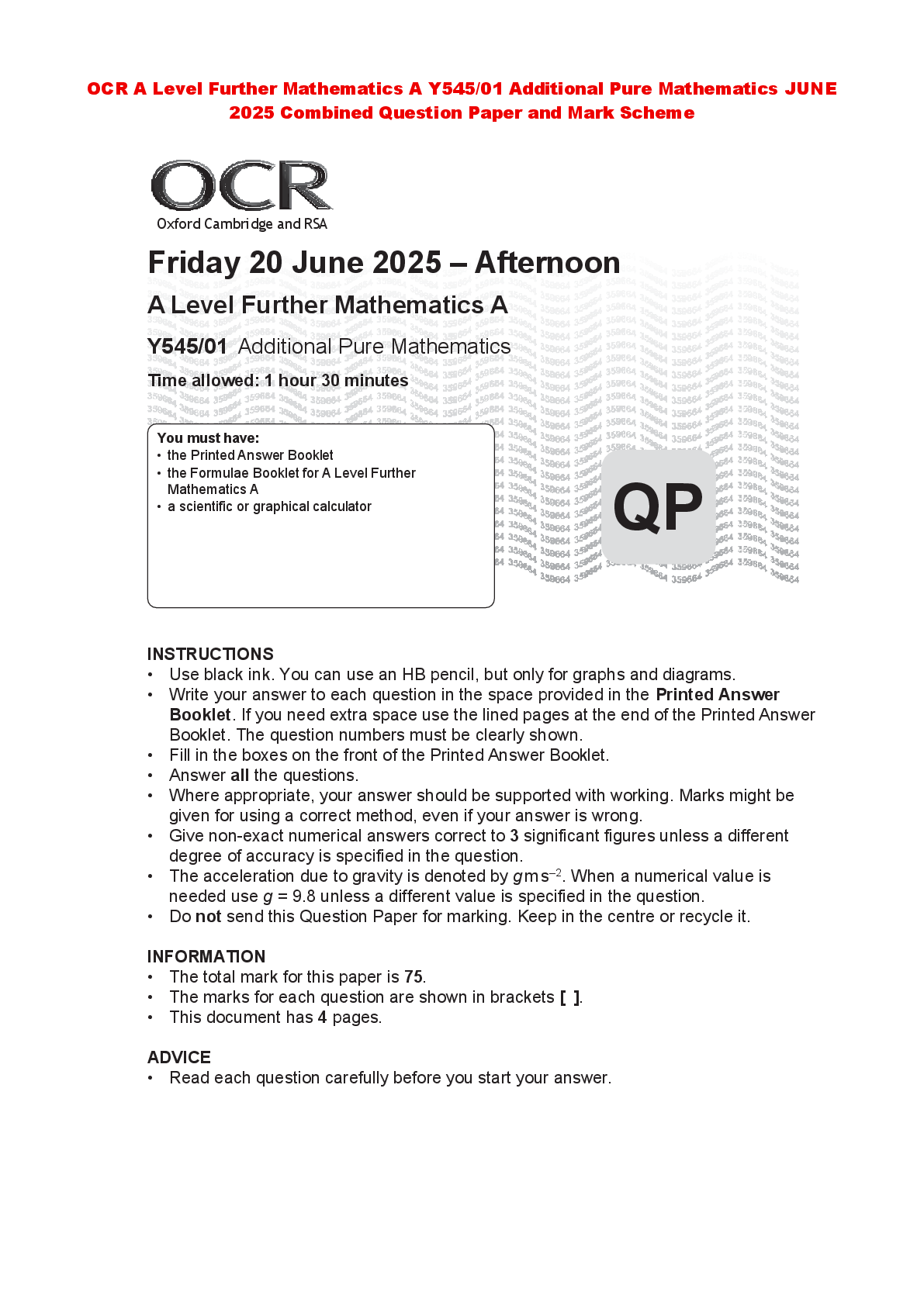 Recommended document preview for OCR A Level Further Mathematics A Y545/01 Additional Pure Mathematics JUNE  2025 Combined Question Paper and Mark Scheme