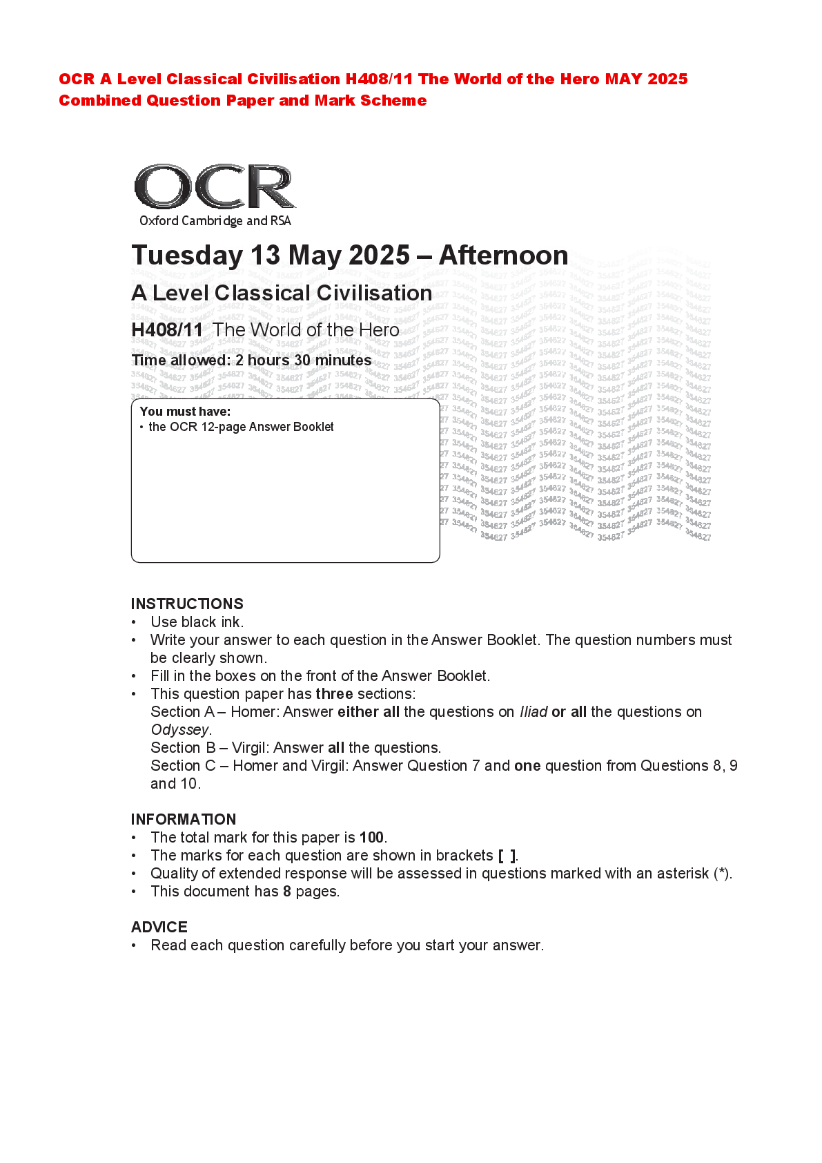 Recommended document preview for OCR A Level Classical Civilisation H408/11 The World of the Hero MAY 2025 Combined Question Paper and Mark Scheme