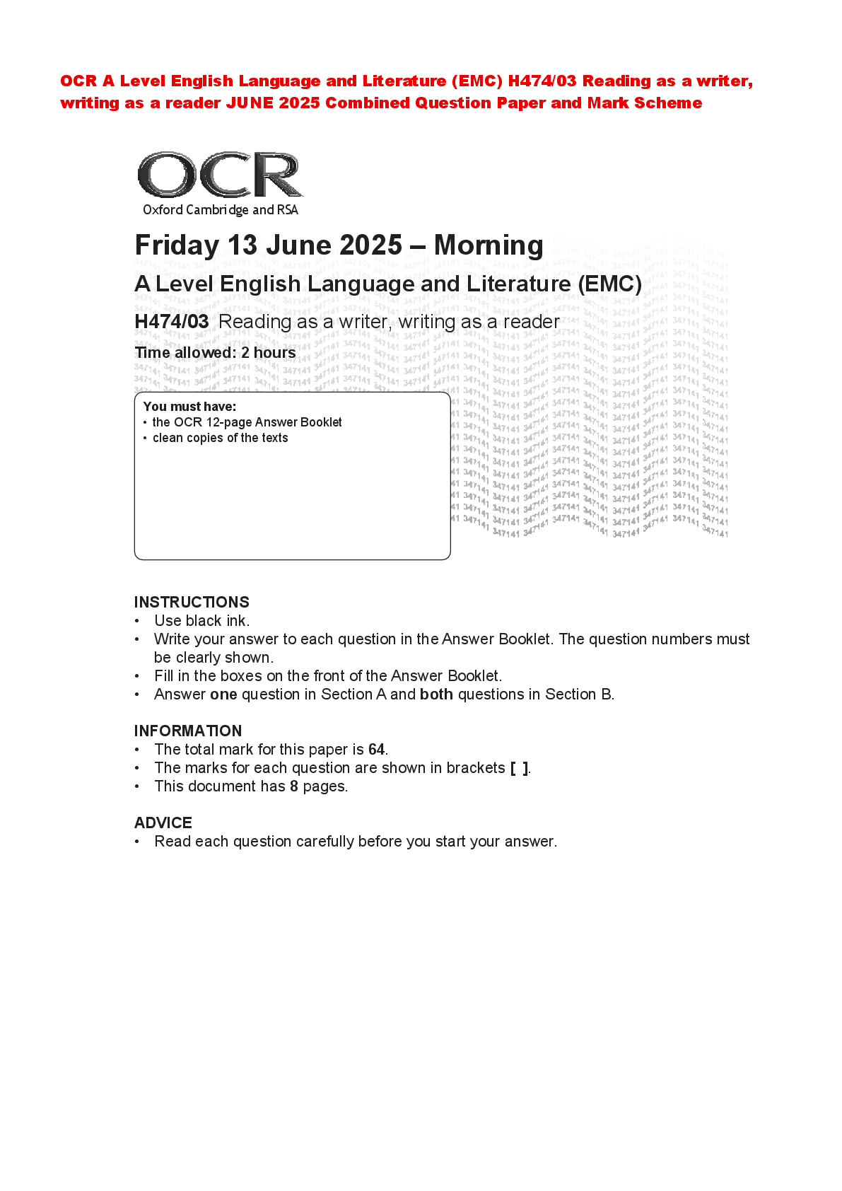 Recommended document preview for OCR A Level English Language and Literature (EMC) H474/01 Exploring non-fiction  and spoken texts MAY 2025 Combined Question Paper and Mark Scheme