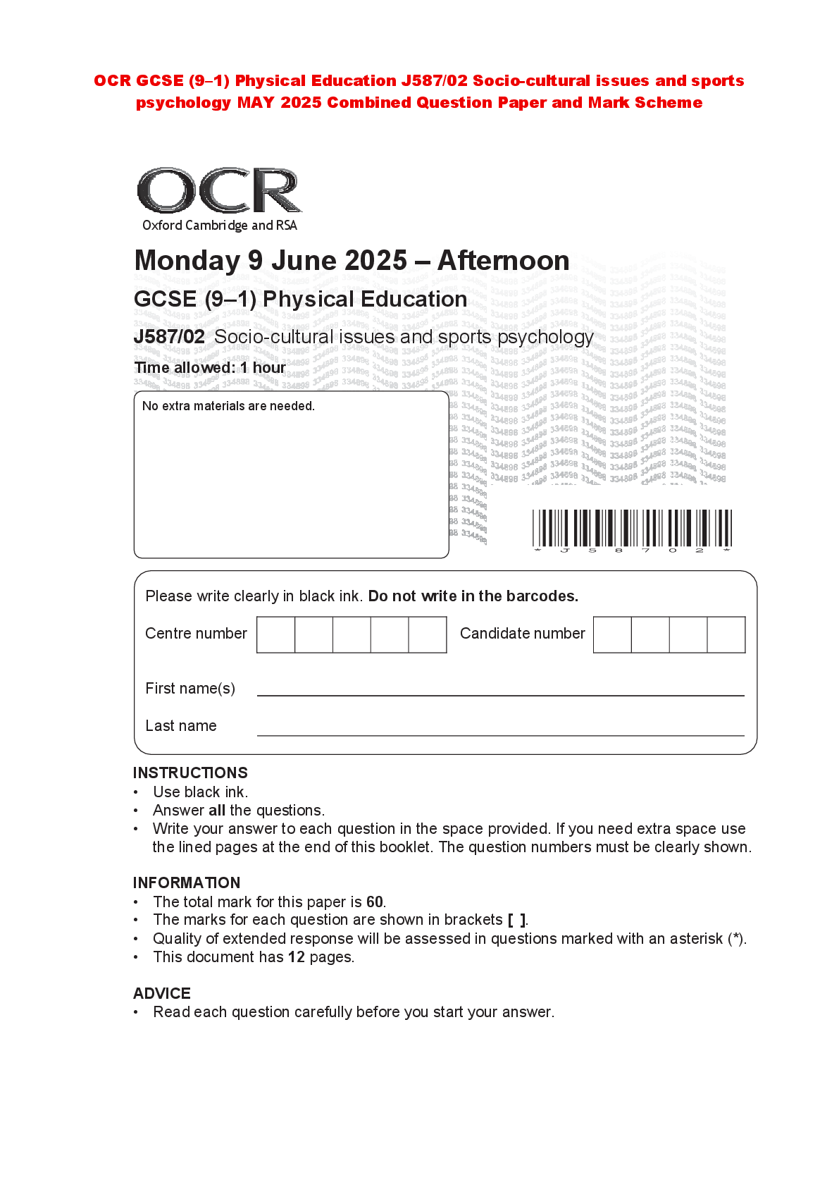 Recommended document preview for OCR GCSE (9–1) Physical Education J587/02 Socio-cultural issues and sports psychology MAY 2025 Combined Question Paper and Mark Scheme