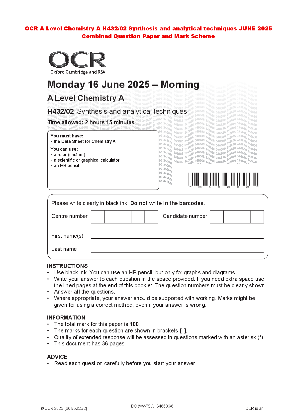 Preview of OCR A Level Chemistry A H432/02 Synthesis and analytical techniques JUNE 2025 Combined Que