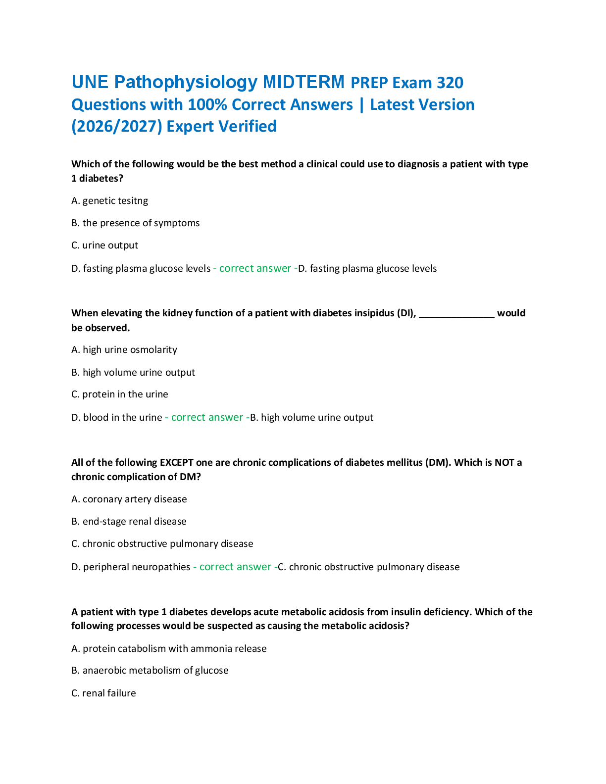 UNE Pathophysiology MIDTERM PREP Exam 320  Questions with 100% Correct Answers | Latest Version  (2026/2027) Expert Verified