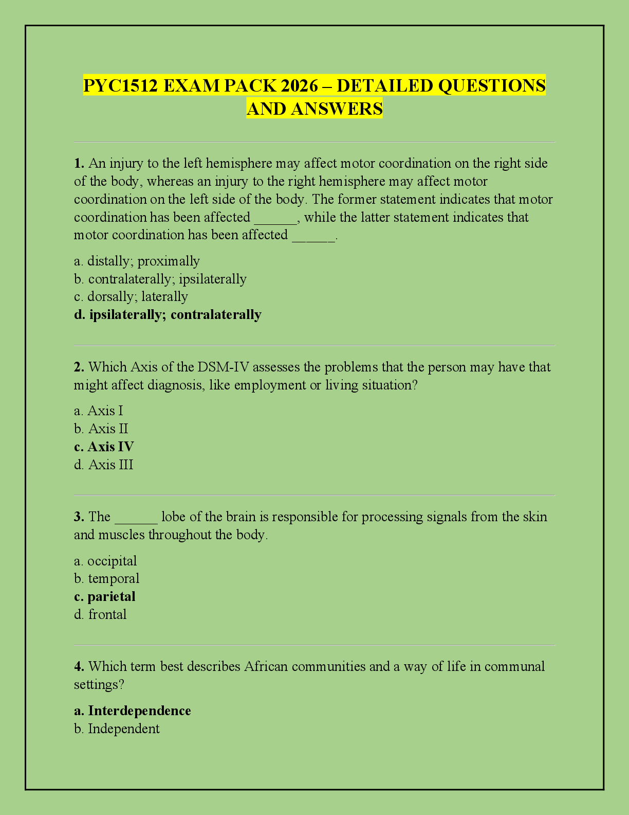 Recommended document preview for PYC1512 EXAM PACK 2026 – DETAILED QUESTIONS  AND ANSWERS