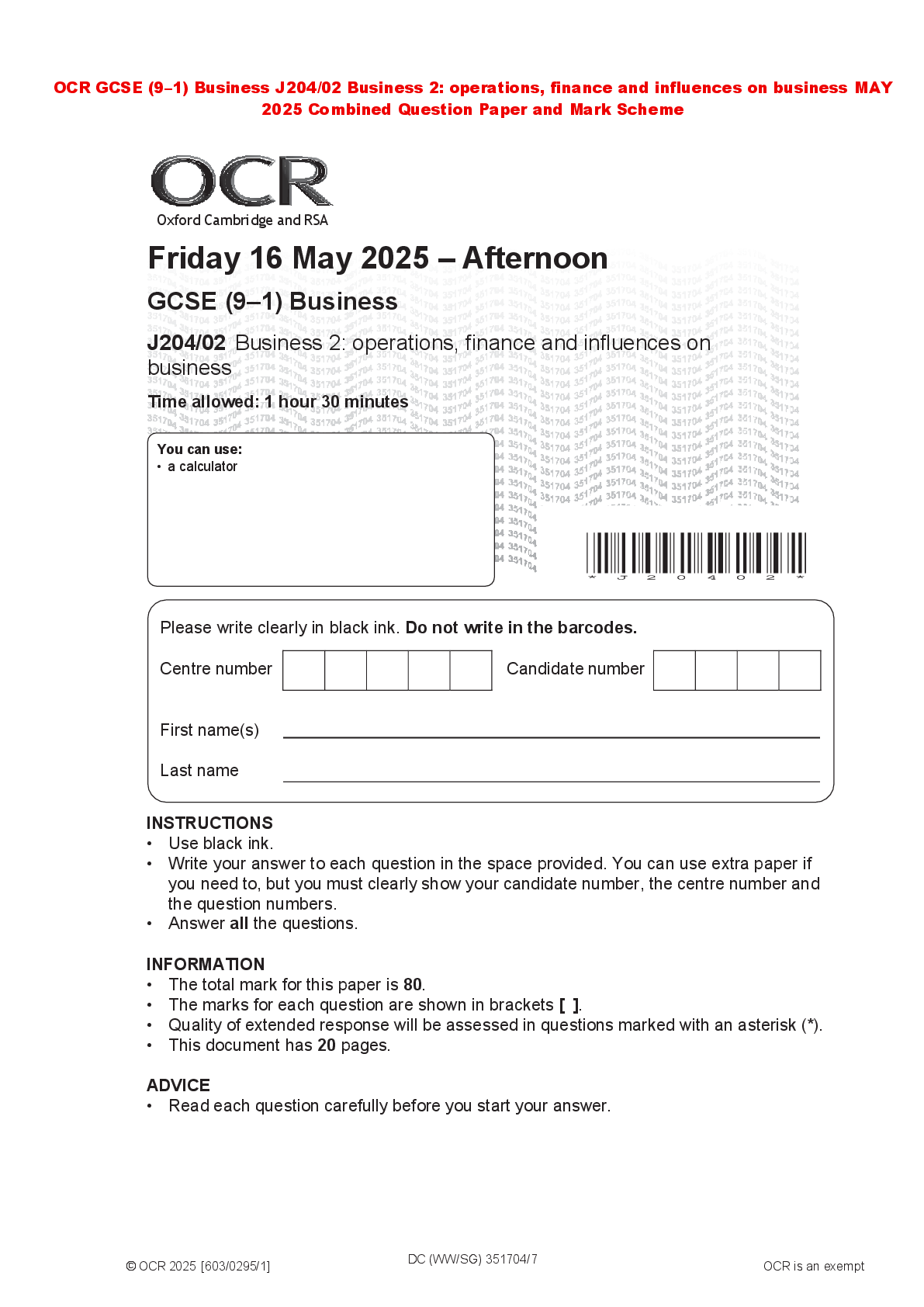 Preview of OCR GCSE (9–1) Business J204/02 Business 2: operations, finance and influences on business