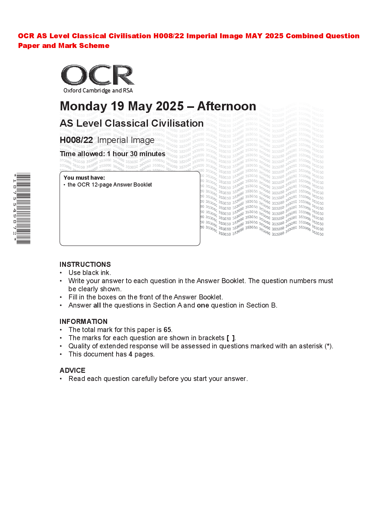 Recommended document preview for OCR AS Level Classical Civilisation H008/22 Imperial Image MAY 2025 Combined Question Paper and Mark Scheme