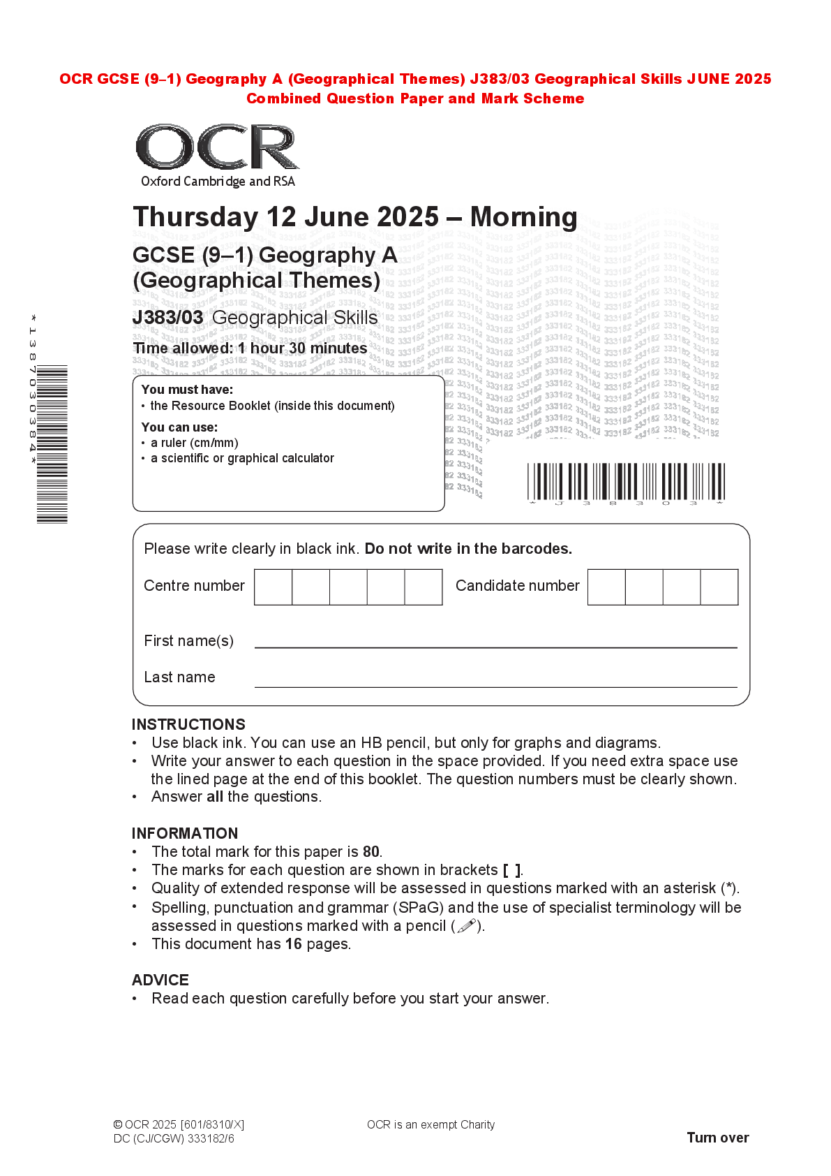Recommended document preview for OCR GCSE (9–1) Geography A (Geographical Themes) J383/03 Geographical Skills JUNE 2025 Combined Question Paper and Mark Scheme