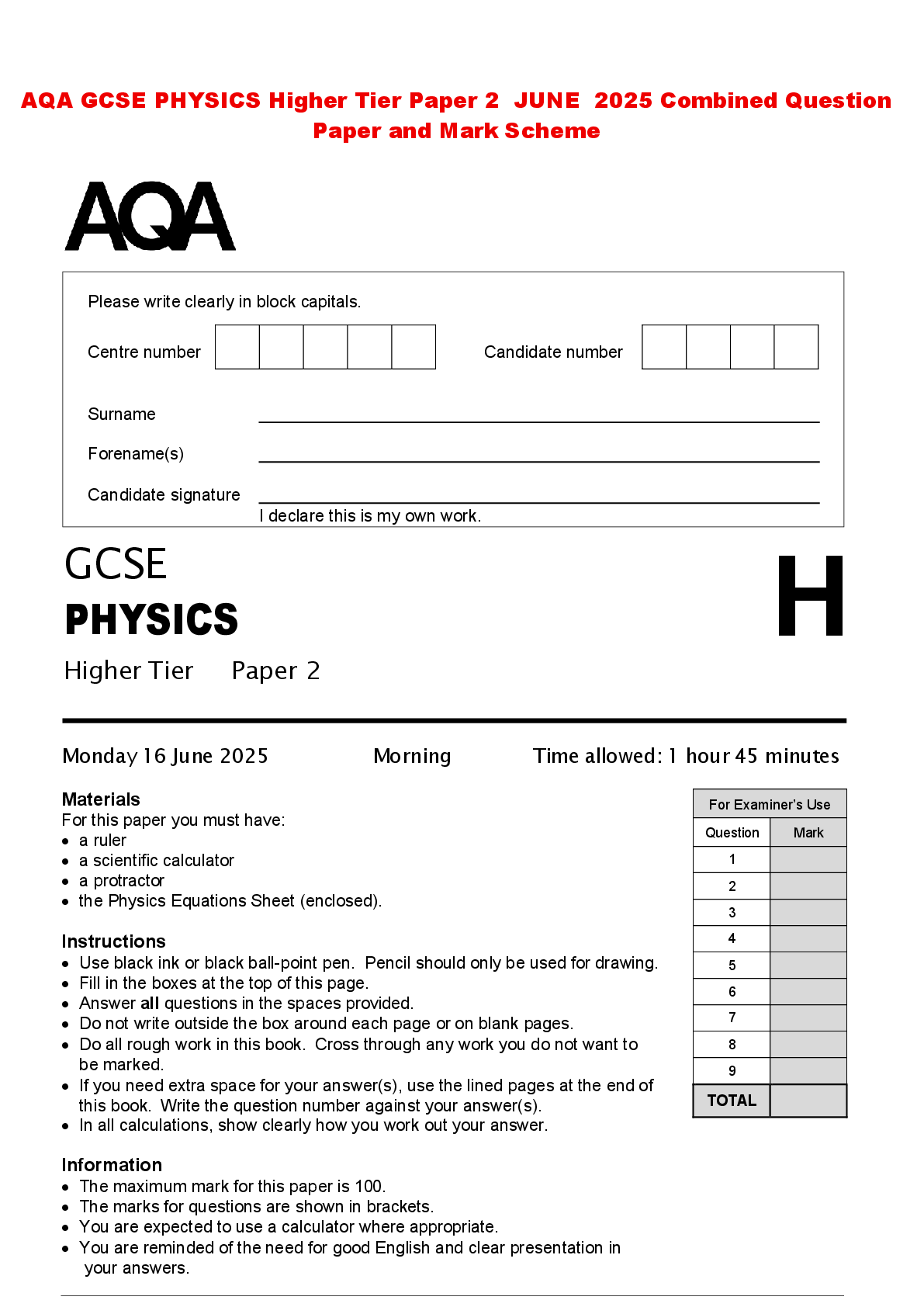 Recommended document preview for AQA GCSE PHYSICS Higher Tier Paper 2 JUNE 2025 Combined Question Paper and Mark Scheme