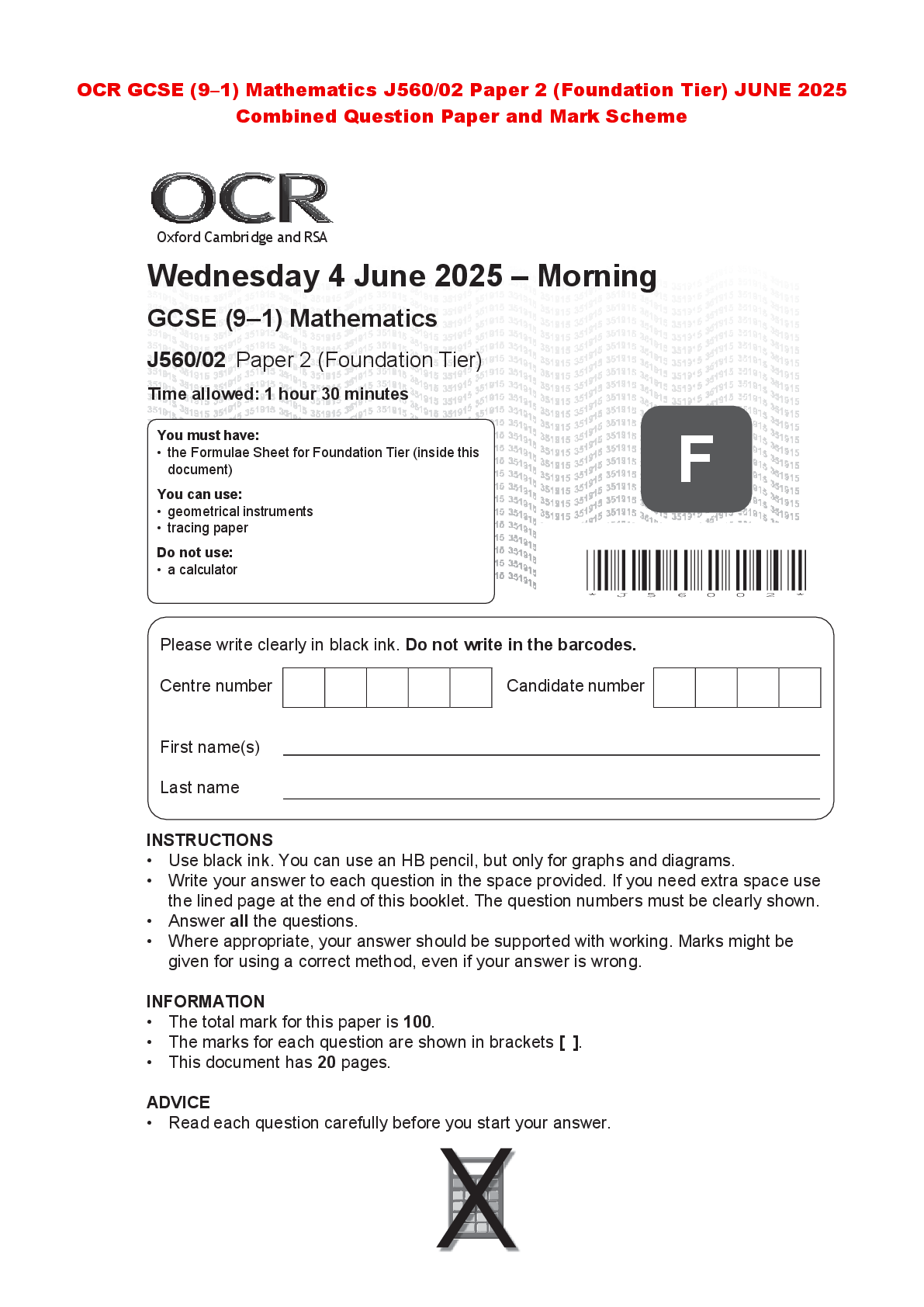 Recommended document preview for OCR GCSE (9–1) Mathematics J560/02 Paper 2 (Foundation Tier) JUNE 2025 Combined Question Paper and Mark Scheme