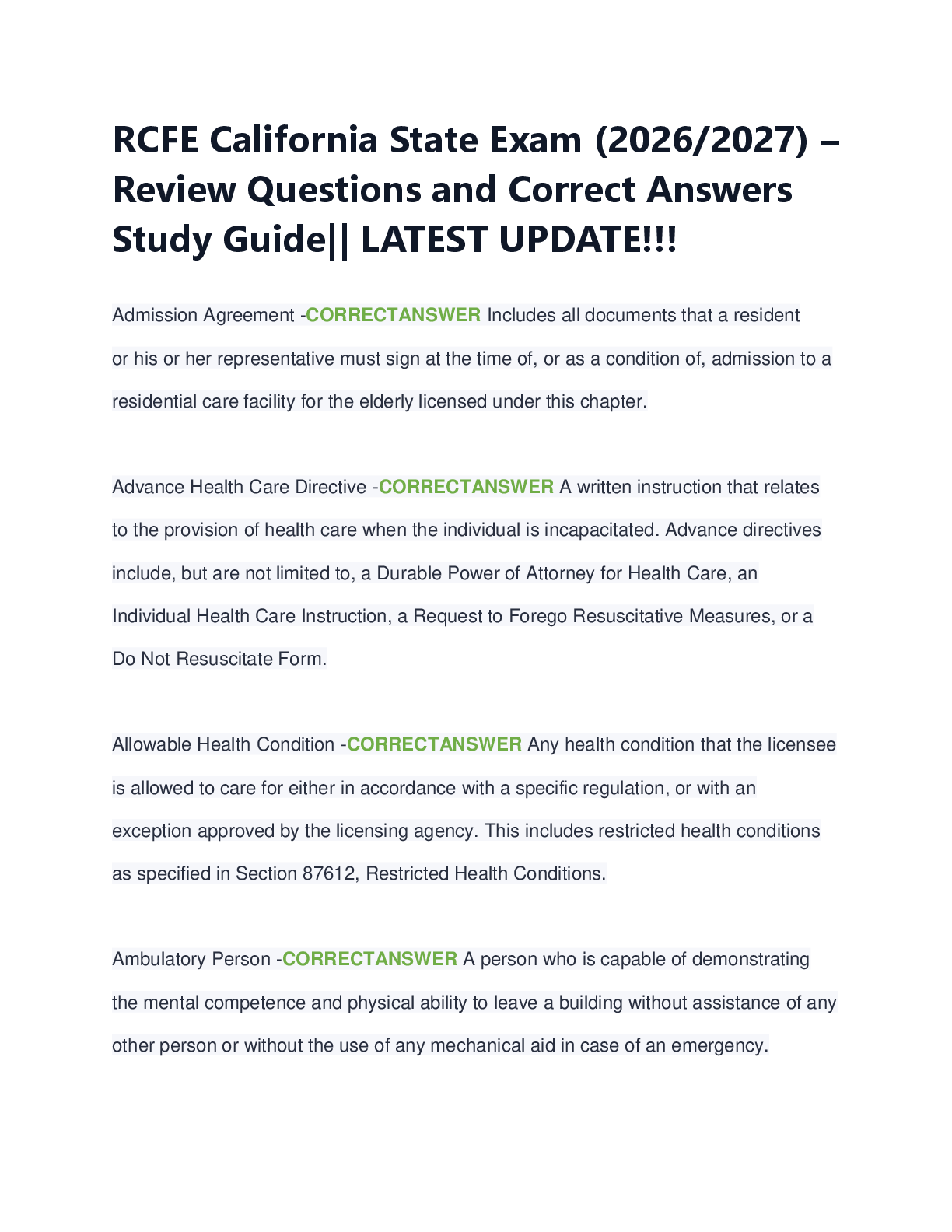 Recommended document preview for RCFE California State Exam (2026/2027) –  Review Questions and Correct Answers  Study Guide|| LATEST UPDATE!!!