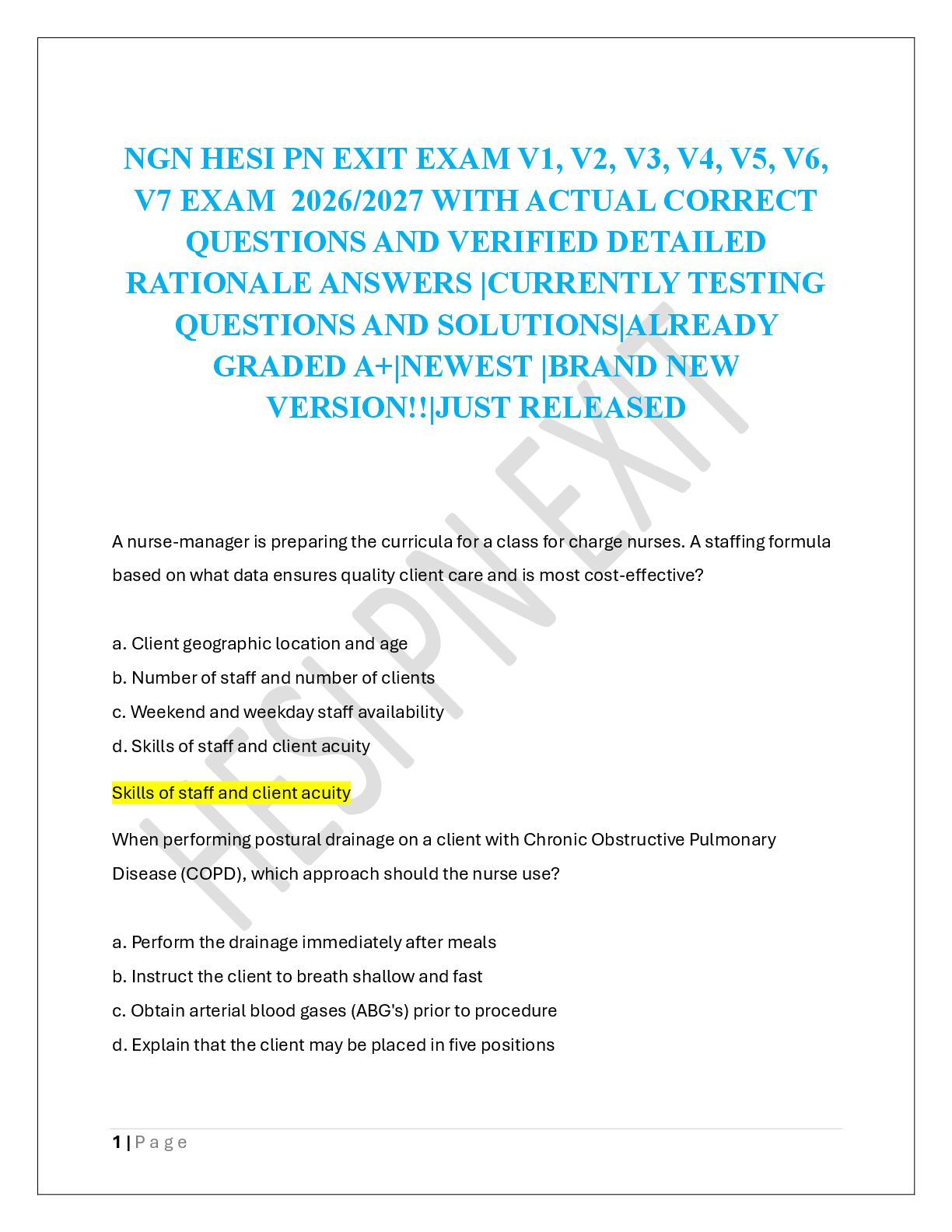 Recommended document preview for NGN HESI PN EXIT EXAM V1, V2, V3, V4, V5, V6,  V7 EXAM  2026/2027
