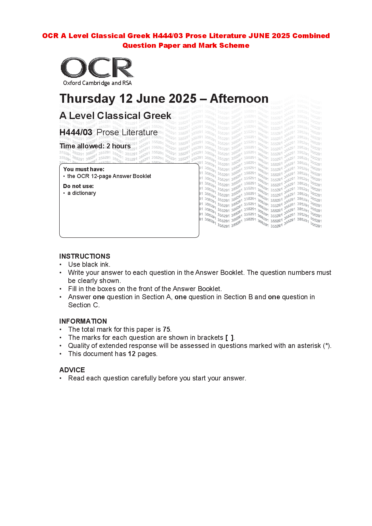Preview of OCR A Level Classical Greek H444/03 Prose Literature JUNE 2025 Combined Question Paper and