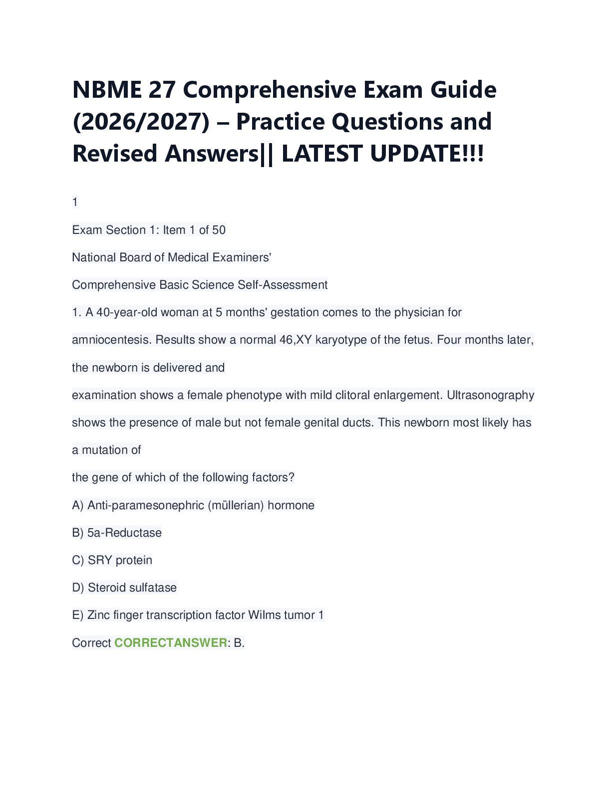 Recommended document preview for NBME 27 Comprehensive Exam Guide  (2026/2027) – Practice Questions and  Revised Answers|| LATEST UPDATE!!!