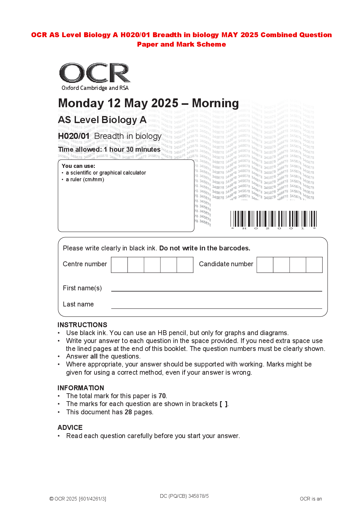 Recommended document preview for OCR AS Level Biology A H020/01 Breadth in biology MAY 2025 Combined Question Paper and Mark Scheme