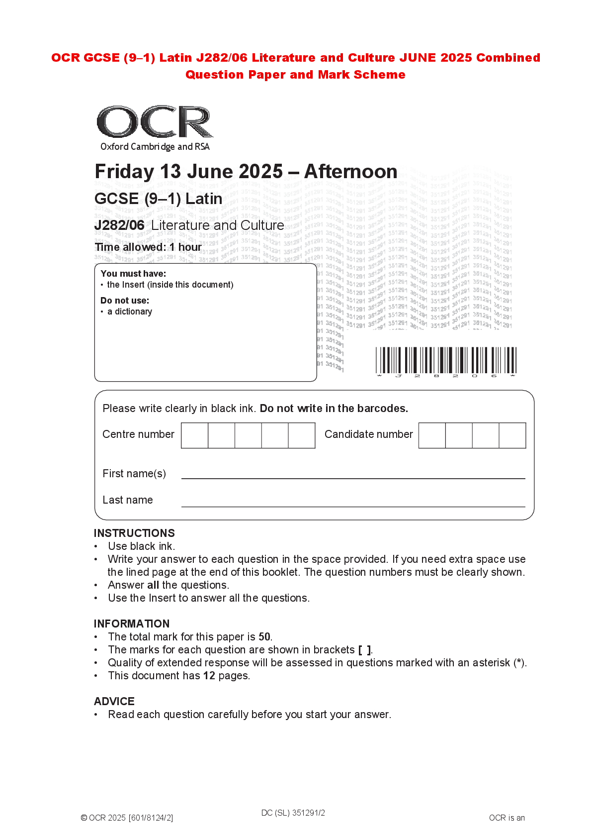 Recommended document preview for OCR GCSE (9–1) Latin J282/06 Literature and Culture JUNE 2025 Combined Question Paper and Mark Scheme