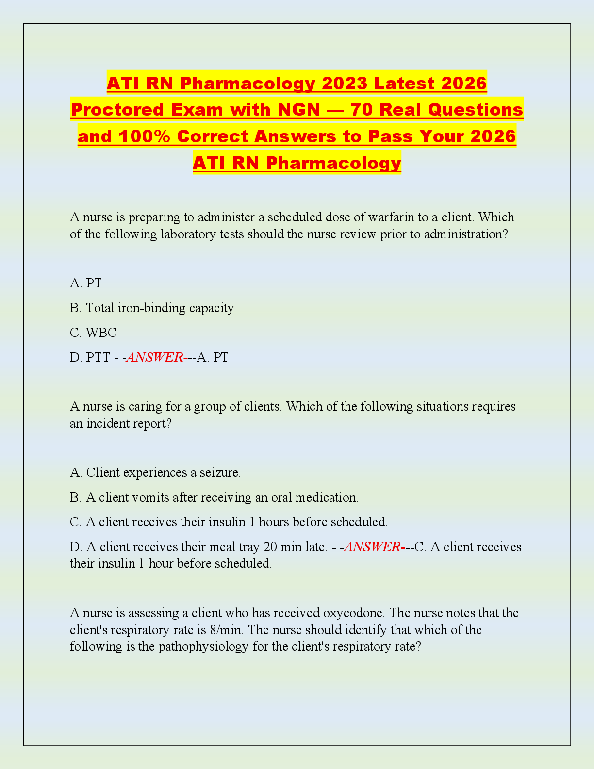 Preview of ATI RN Pharmacology 2023 Latest 2026  Proctored Exam with NGN — 70 Real Questions  and 100% Correct Answers to Pass Your 2026  ATI RN Pharmacology