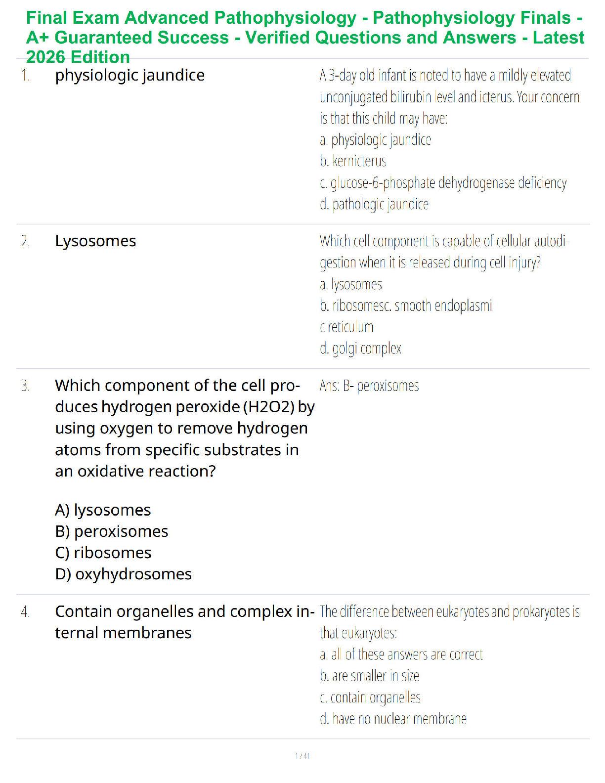 Recommended document preview for Final Exam Advanced Pathophysiology - Pathophysiology Finals - A+ Guaranteed Success - Verified Questions and Answers - Latest 2026 Edition