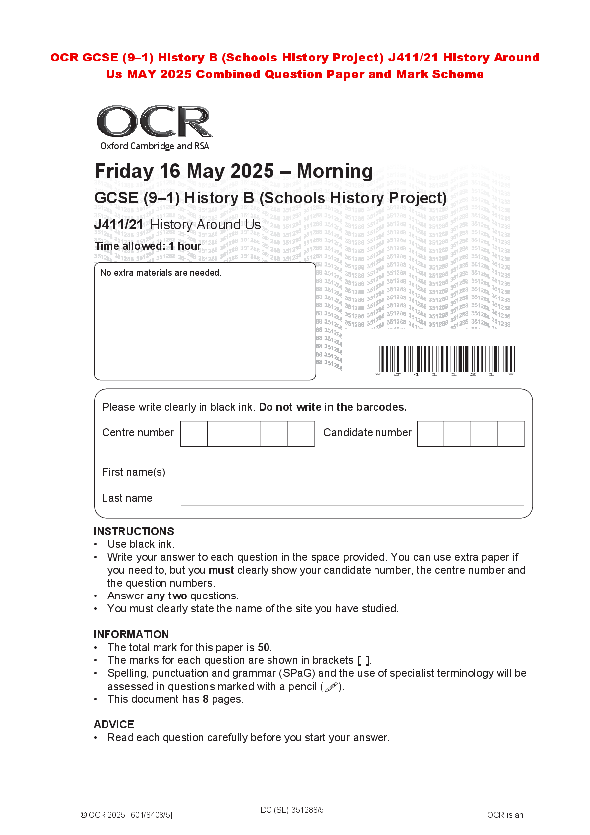 Recommended document preview for OCR GCSE (9–1) History B (Schools History Project) J411/21 History Around Us MAY 2025 Combined Question Paper and Mark Scheme