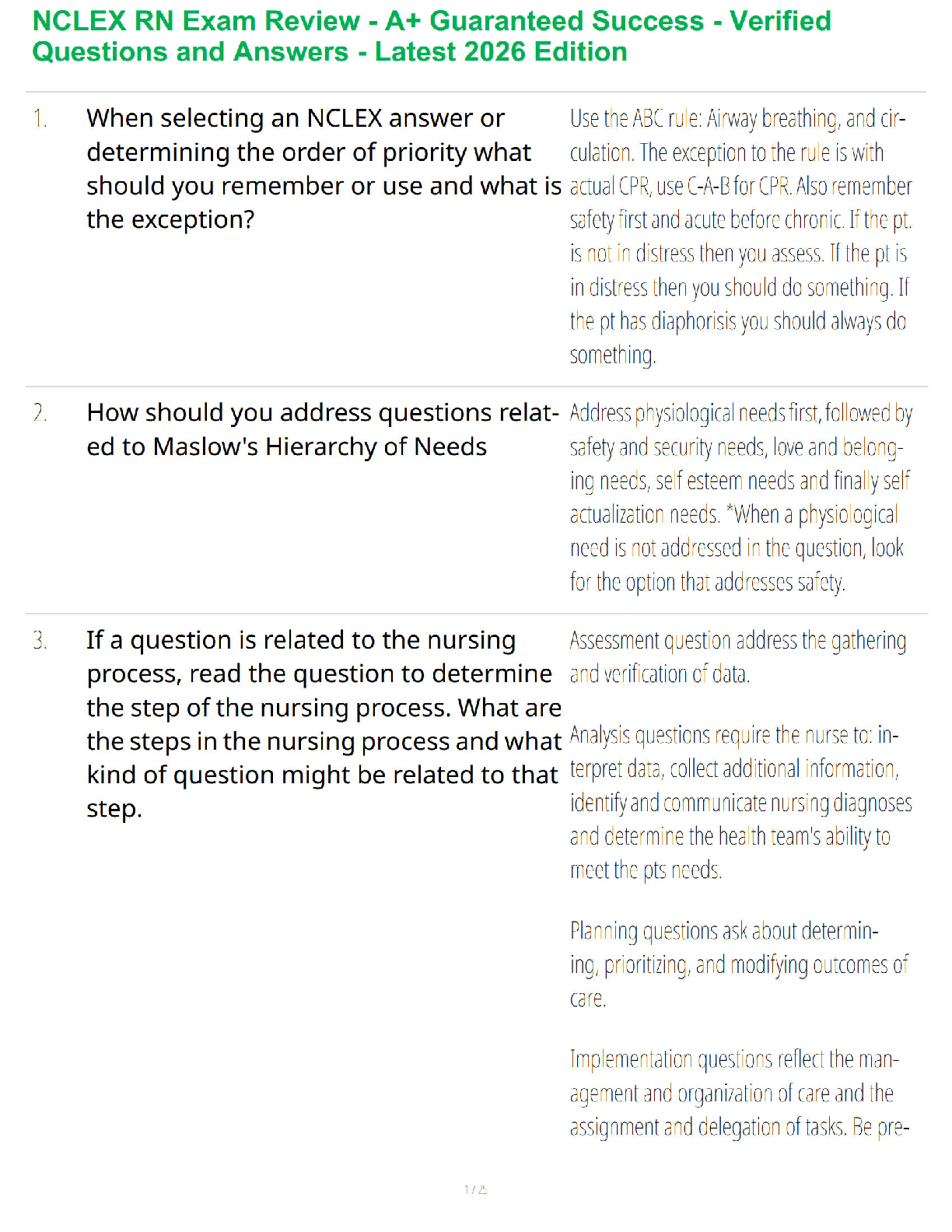 Recommended document preview for NCLEX RN Exam Review - A+ Guaranteed Success - Verified Questions and Answers - Latest 2026 Edition