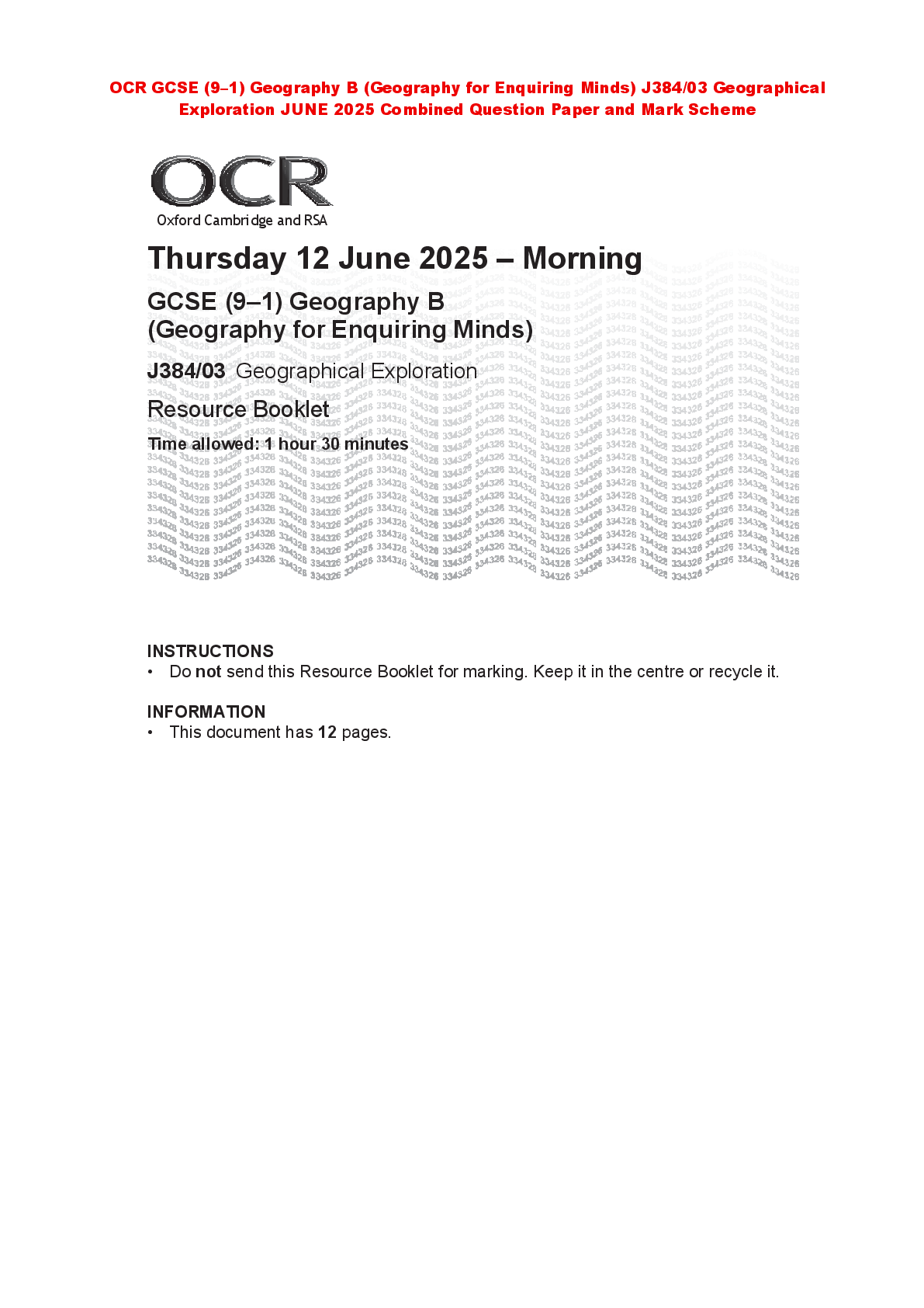 Recommended document preview for OCR GCSE (9–1) Geography B (Geography for Enquiring Minds) J384/03 Geographical Exploration JUNE 2025 Combined Question Paper and Mark Scheme