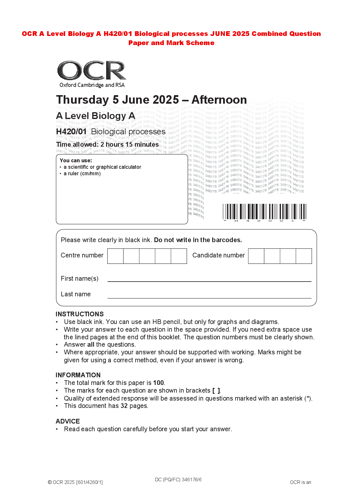 Recommended document preview for OCR A Level Biology A H420/01 Biological processes JUNE 2025 Combined Question Paper and Mark Scheme